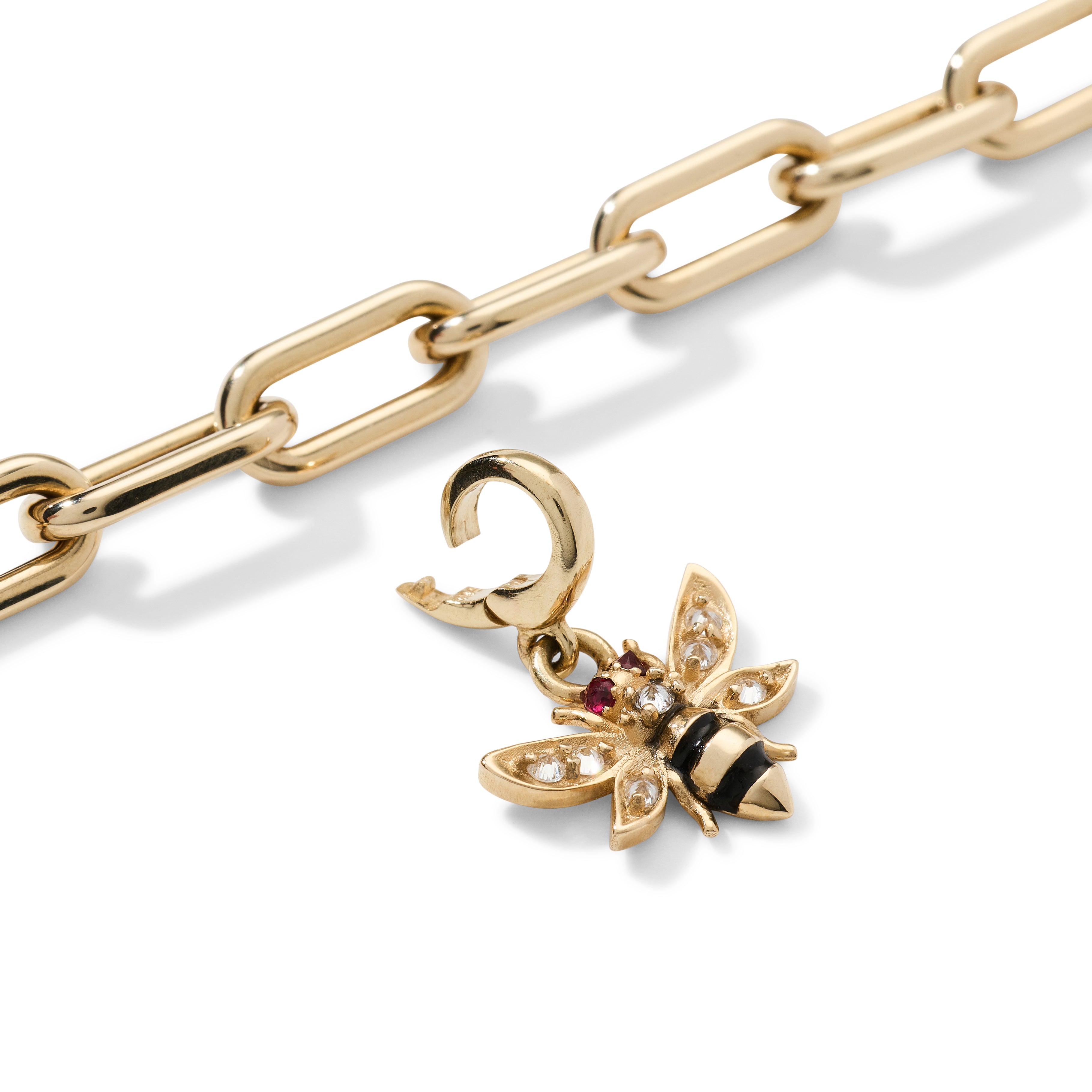 AnaKatarina 14k gold Bee Charm with diamond wings, ruby eyes and black enamel stripes