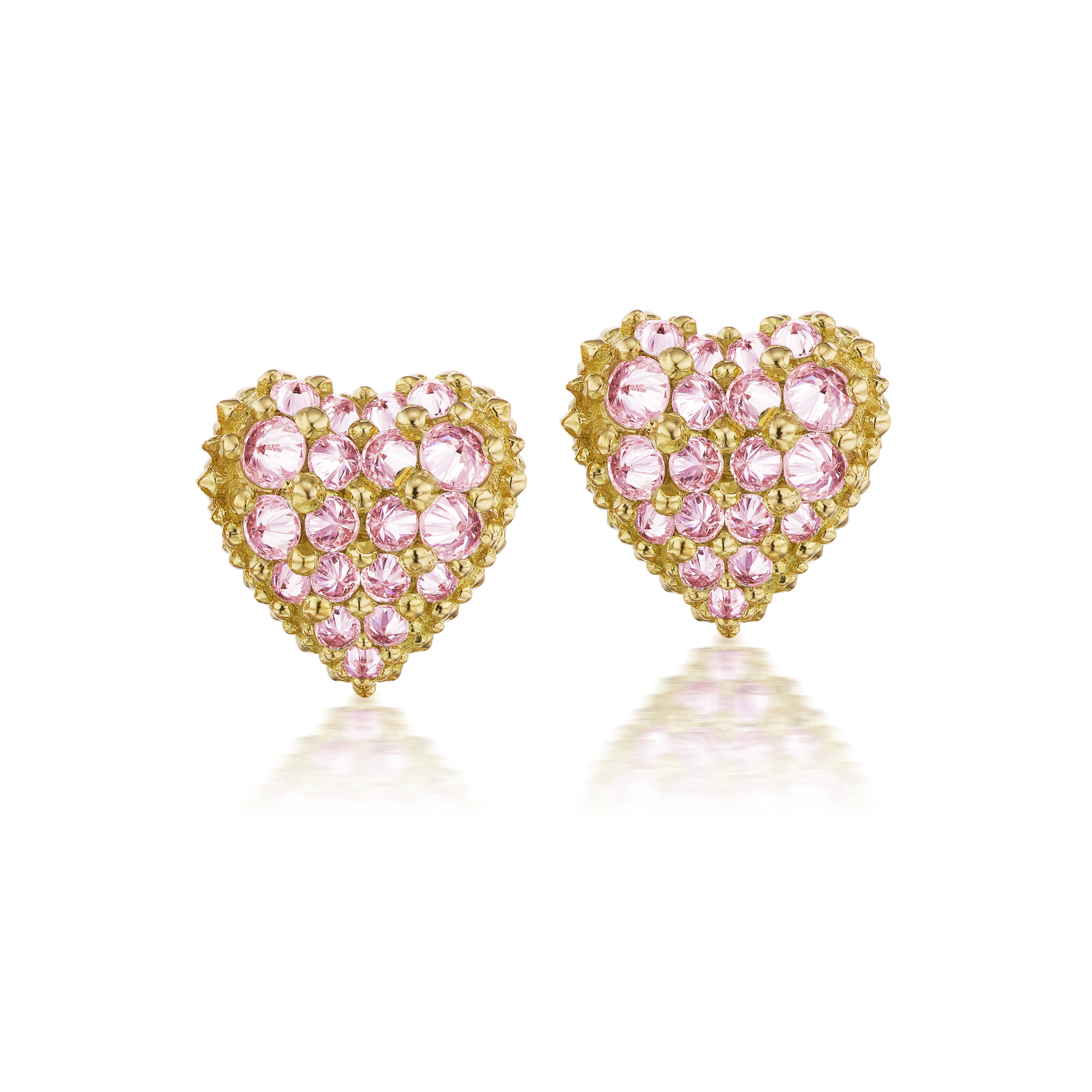A front view of 18k yellow gold & inverted pink sapphire heart studs with soft spikes - designed by Ana-Katarina fine jewelry.