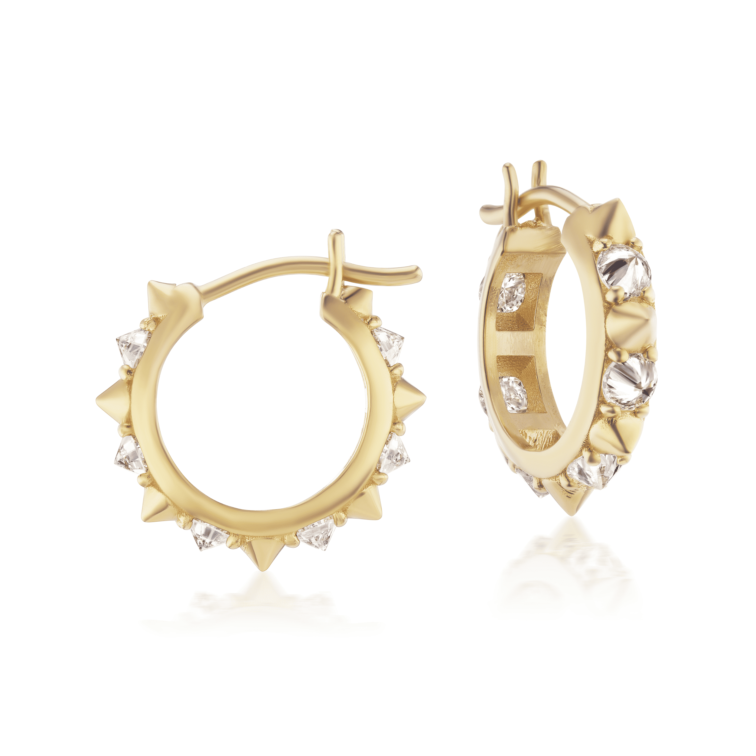 The Attitude ‘Valerie’ Diamond Mini Hoop Earrings by Ana-Katarina Fine Jewelry are shown from the side and front to show the inverted diamonds, 18k yellow gold spikes, and saddleback closure.