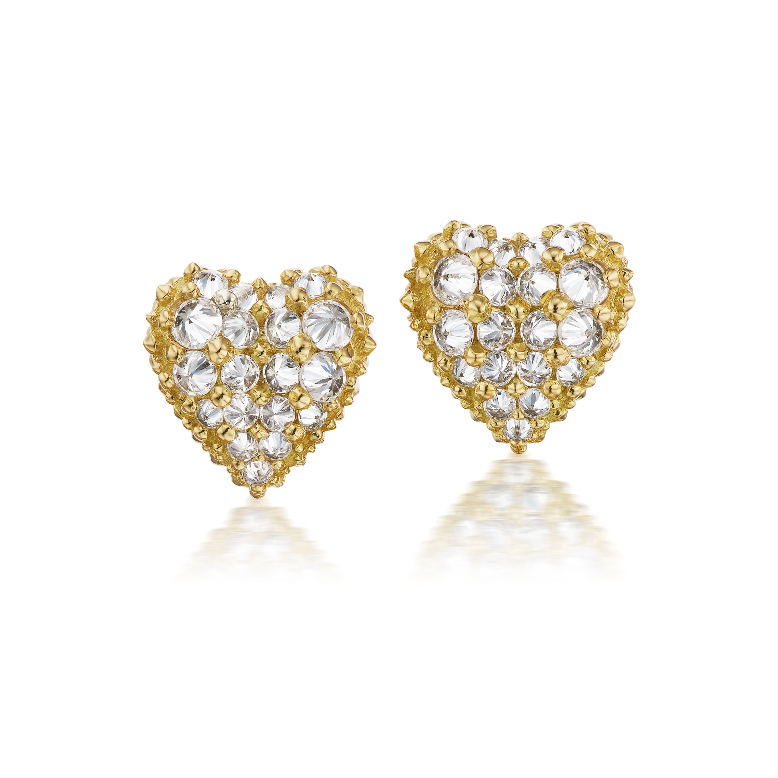 A front view of 18k Yellow gold Diamond heart studs with soft spikes - designed by Ana-Katarina fine jewelry.