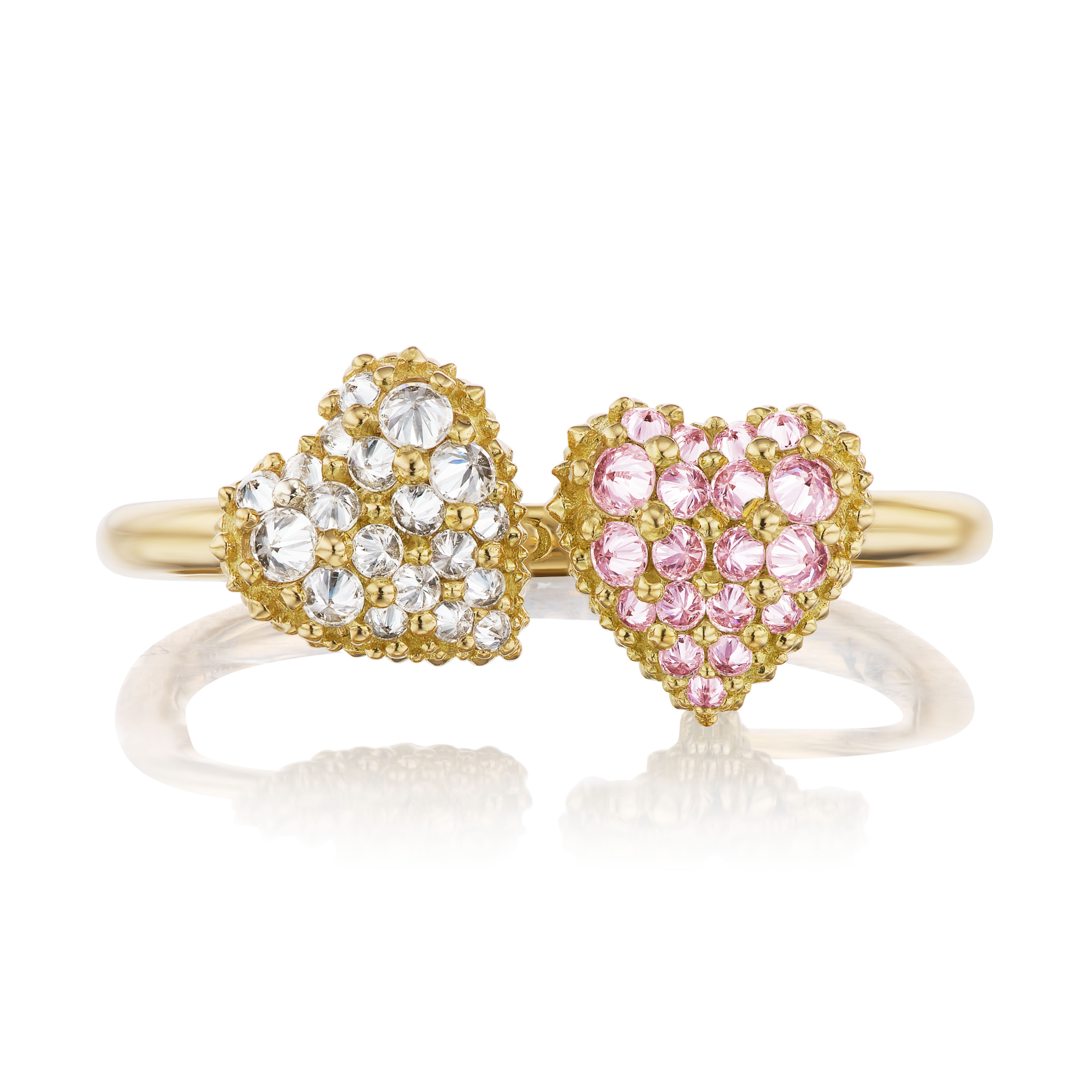 A Front view of 18k yellow gold Diamond & Pink Sapphire ring with two spiked hearts side by side for a new spin on the classic 'moi et toi' design. The word 'love' is shown engraved inside the band of the ring designed by Ana-Katarina fine jewelry.