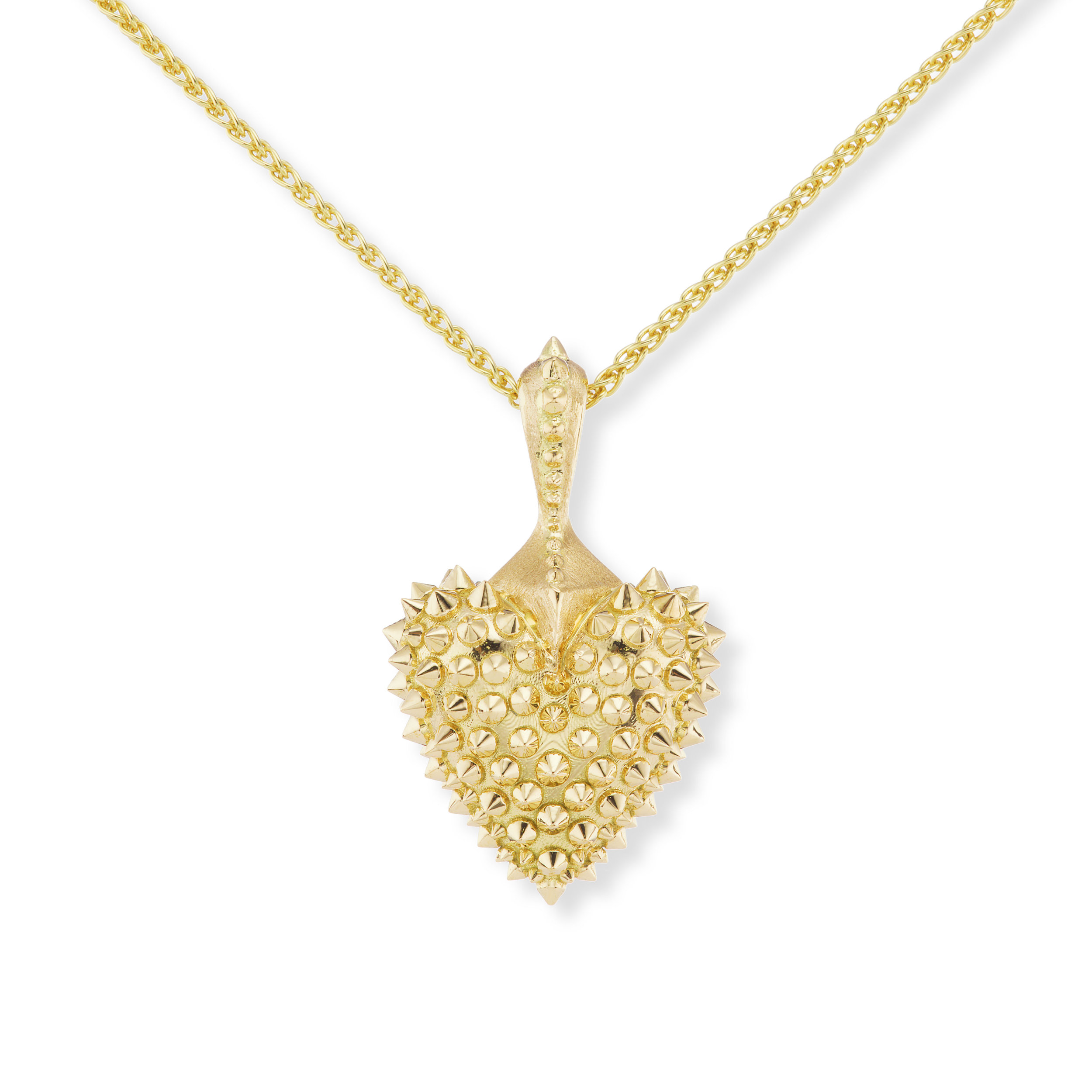 A large 18k yellow gold heart necklace with soft spikes on a gold chain - designed by Ana-Katarina fine jewelry.