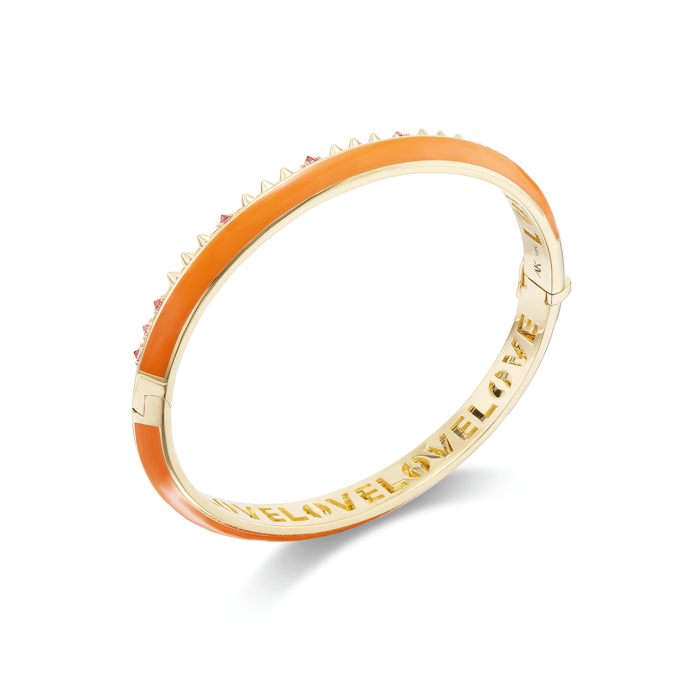 A full view of an elegant bangle bracelet designed by Ana-Katarina Fine Jewelry, crafted from 18k yellow gold and embellished with .40tw pink tourmaline, gold spikes, and orange enamel. The word "love" is etched in the gold inside the bracelet.