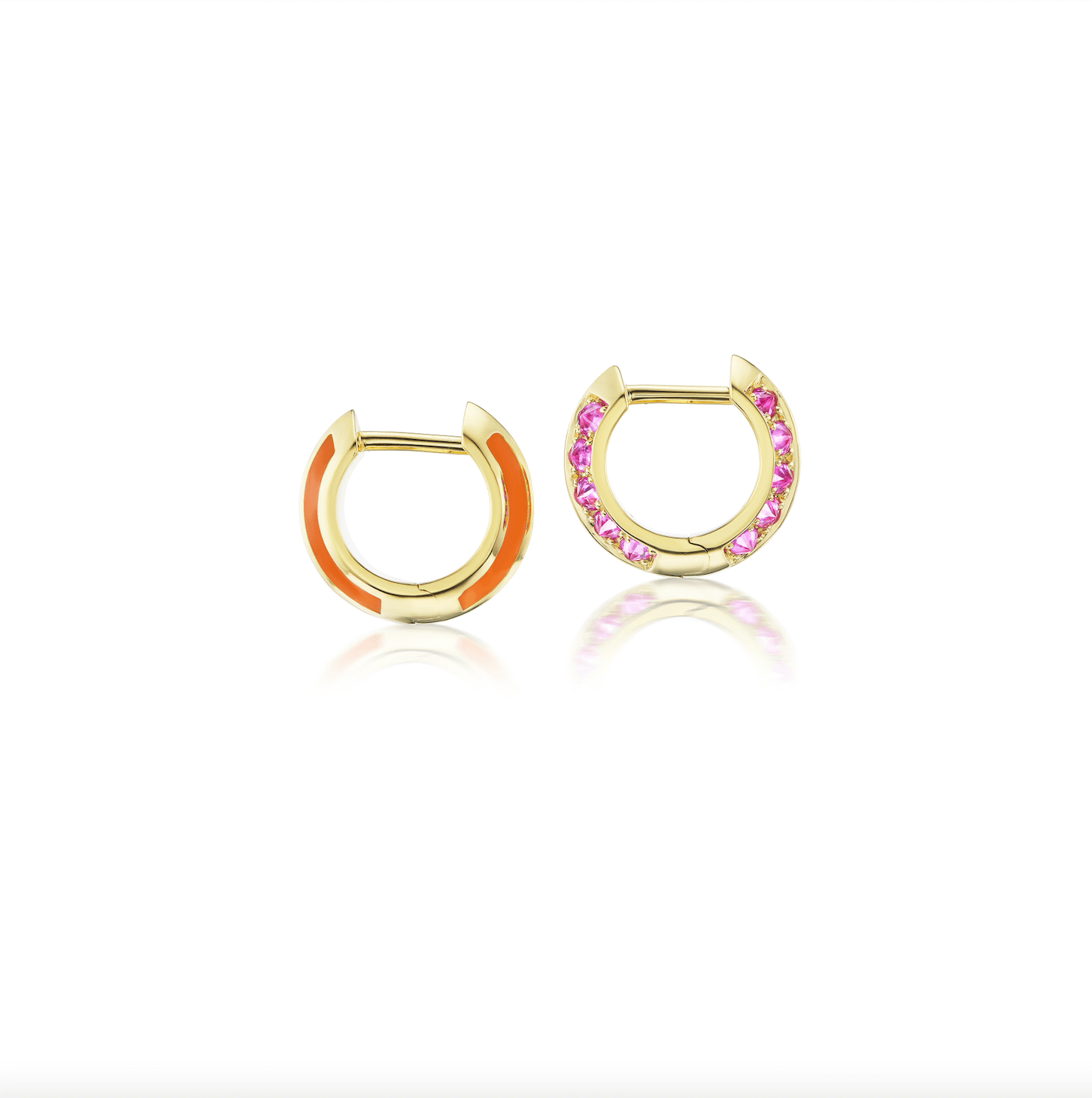 A side view of exquisite gold and pink sapphire earrings designed by Anna Katarina. These 'Sweet, Happy Life' Huggies earrings feature .48tw pink tourmaline and orange enamel for a touch of elegance.