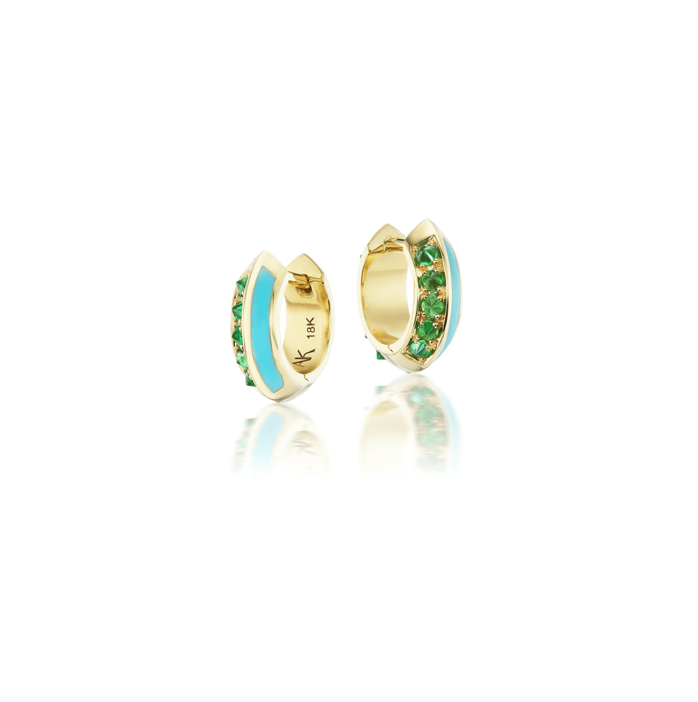 A frontal view of exquisite 'Sweet, Happy Life' Tsavorite Garnet Huggie Earrings: 18K yellow gold and turquoise enamel huggie earrings designed by AnaKatarina Fine Jewelry, embellished with green, inverted .60tw Tsavorite Garnets for a touch of luxury.