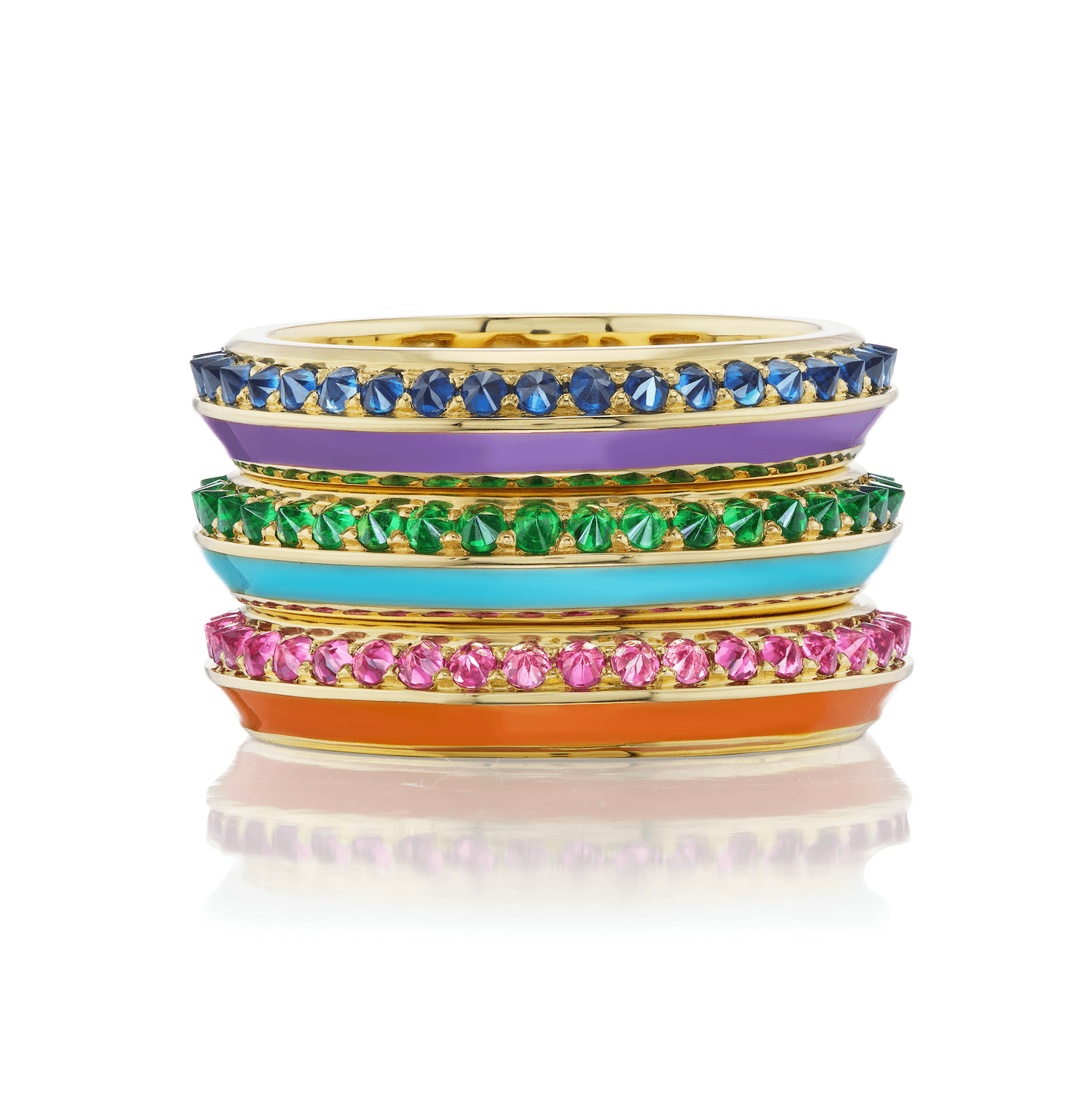 A view of the sapphire side of the 18K yellow gold 'Sweet, Happy Life' Blue Sapphire Stacking Ring designed by Ana-Katarina Fine Jewelry with .58 Blue Sapphires and smooth Lavender Enamel. The word "love" is inscribed on it. Perfect for stacking.