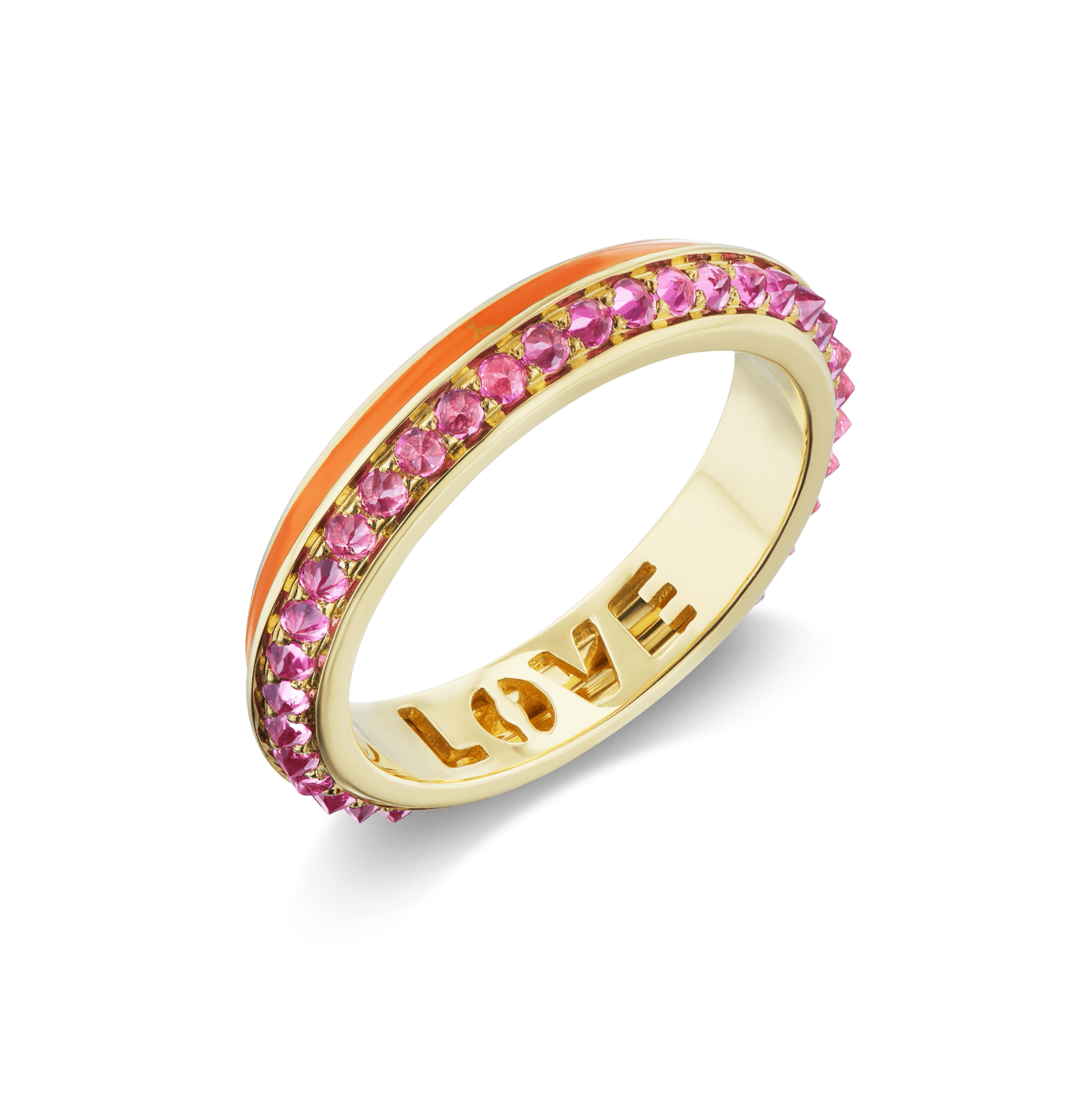 The Pink Tourmaline side view of AnaKatarina's 'Sweet, Happy Life' Pink Tourmaline Stacking Ring in 18k yellow gold ring adorned with the word "love" in gold, orange enamel, and .48tw Pink Tourmaline, exuding elegance and charm.