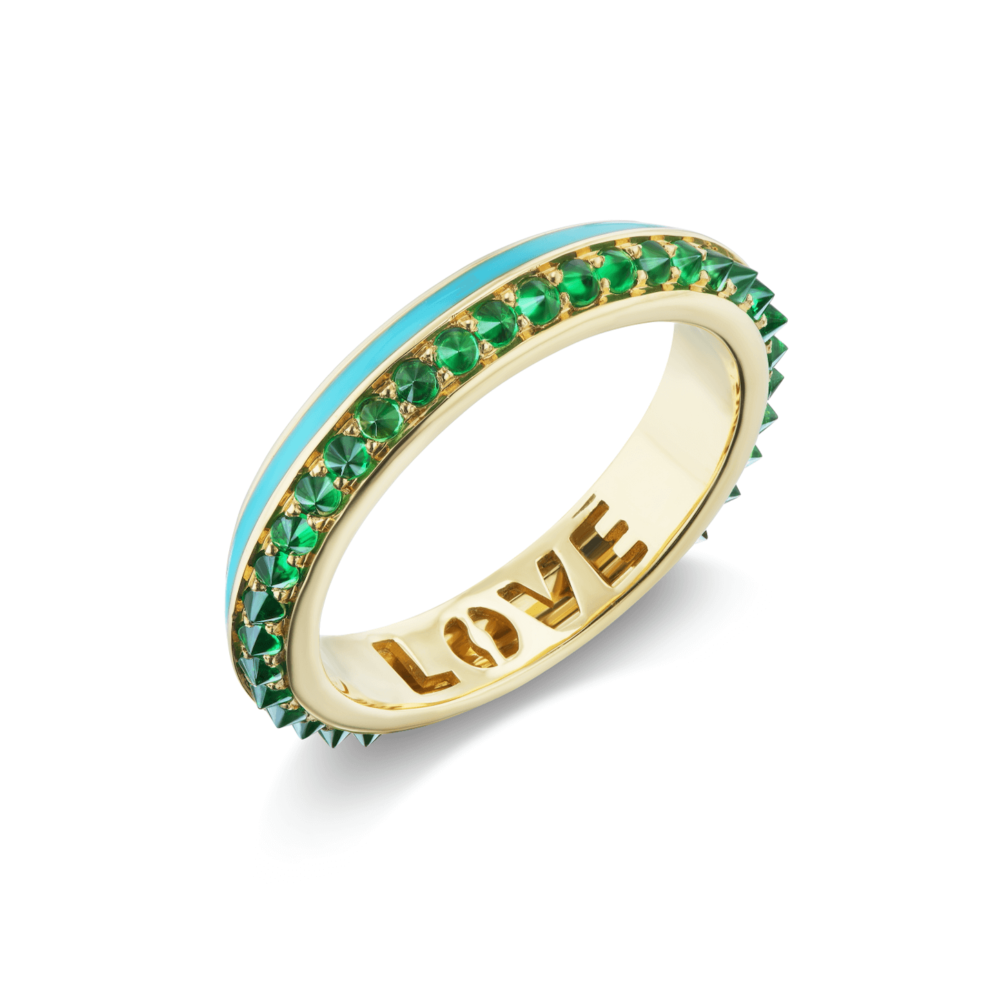 The Tsavorite Garnet side view of the lavish 'Sweet, Happy Life' Tsavorite Garnet Stacking Ring designed by Ana-Katarina Fine Jewelry, showcasing a captivating combination of green, turquoise, and gold hues, adorned with a .72tw Tsavorite Garnet and Turquoise Enamel details. The word 'love' is carved into 18k yellow gold inside this charming ring.