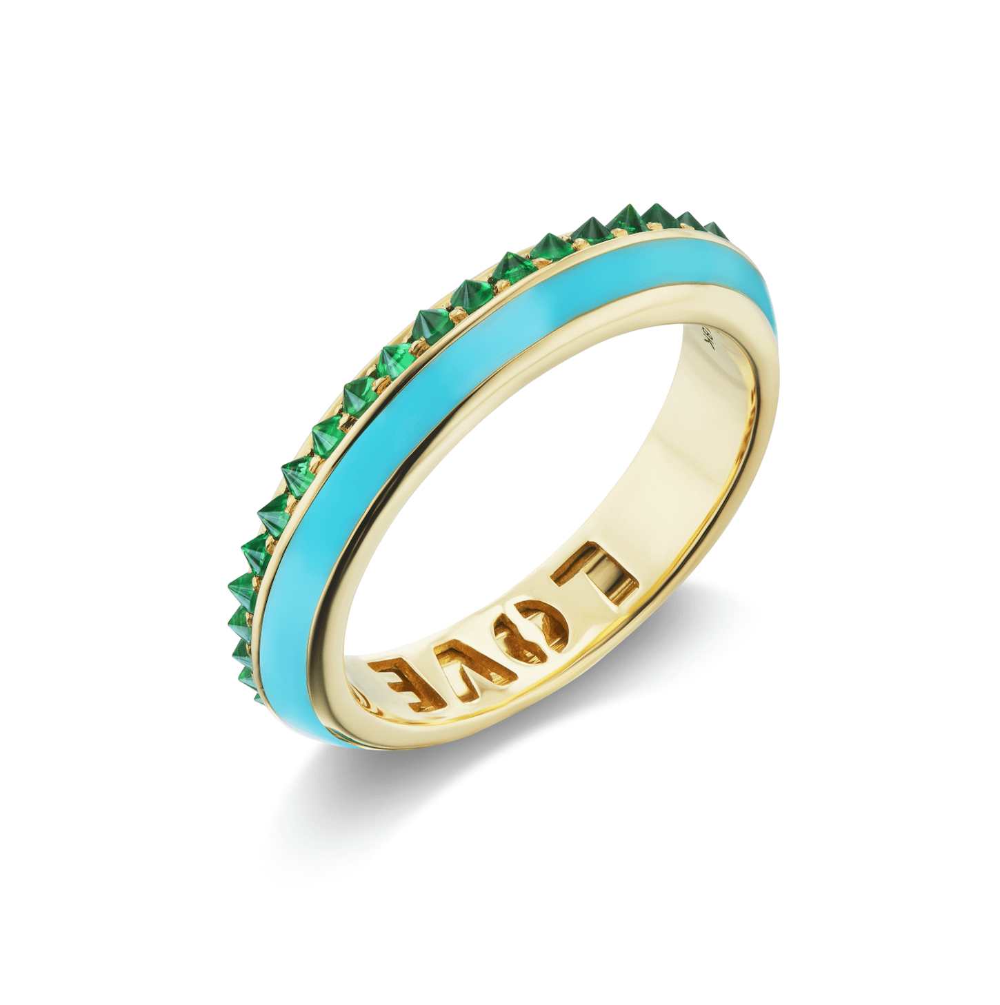 The turquoise enamel side view of the lavish 'Sweet, Happy Life' Tsavorite Garnet Stacking Ring designed by Ana-Katarina Fine Jewelry, showcasing a captivating combination of green, turquoise, and gold hues, adorned with a .72tw Tsavorite Garnet and Turquoise Enamel details. The word 'love' is carved into 18k yellow gold inside this charming ring.