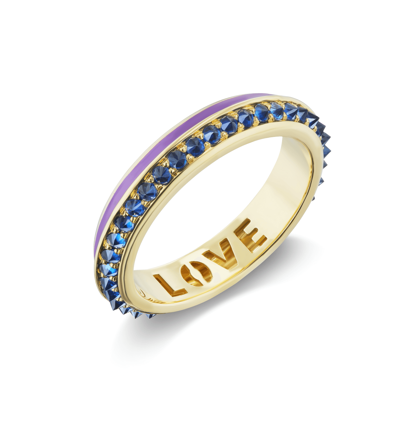 A view of the sapphire side of the 18K yellow gold 'Sweet, Happy Life' Blue Sapphire Stacking Ring designed by Ana-Katarina Fine Jewelry with .58 Blue Sapphires and smooth Lavender Enamel. The word "love" is inscribed on it. Perfect for stacking.
