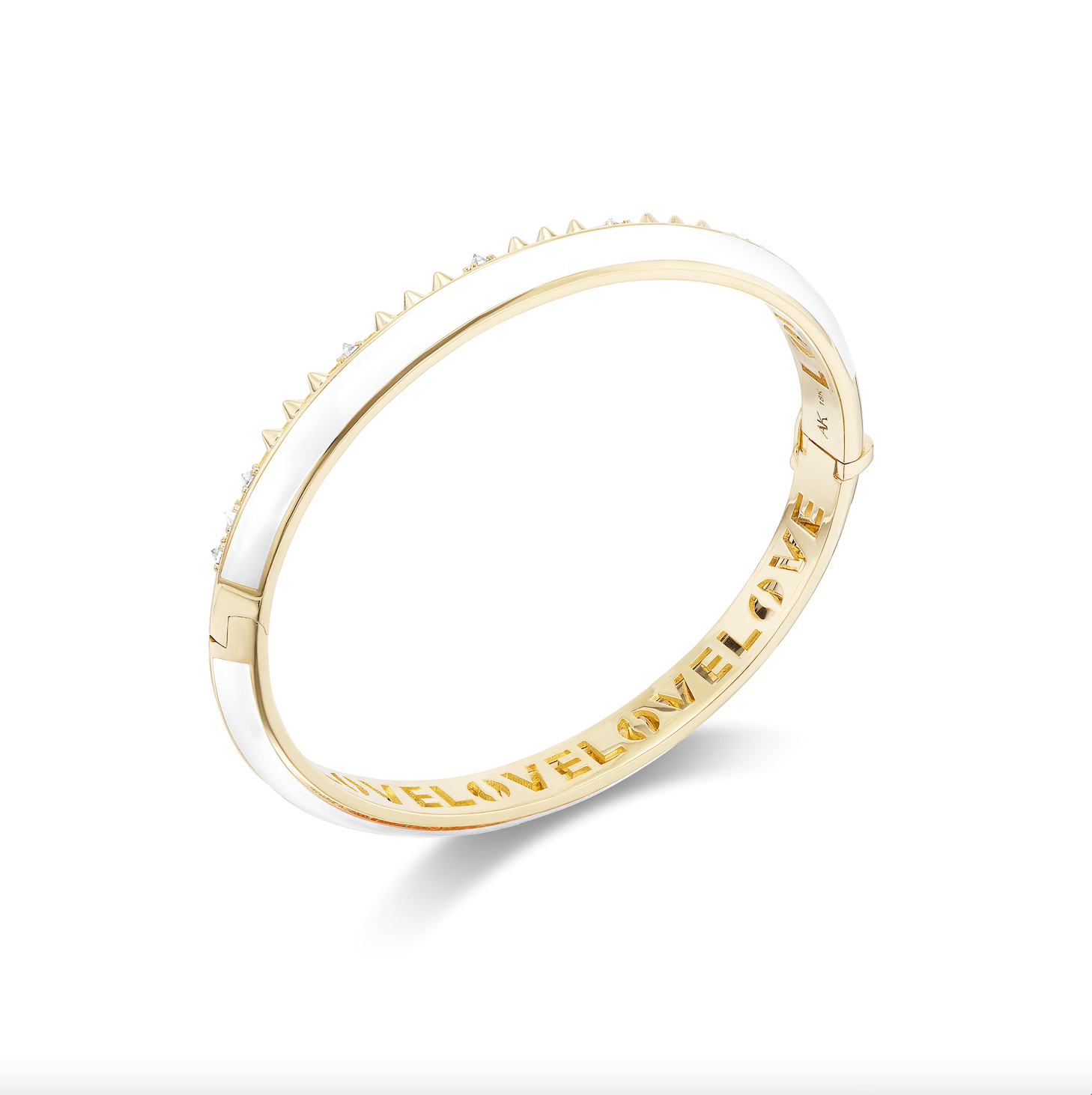 A full view of AnaKatarina's stunning 'Sweet, Happy Life' Drop Diamond Bangle. Crafted with 18k yellow gold, .50tw diamonds, and white enamel, it's the perfect addition to your jewelry collection. Designed by Ana-Katarina Fine Jewelry.