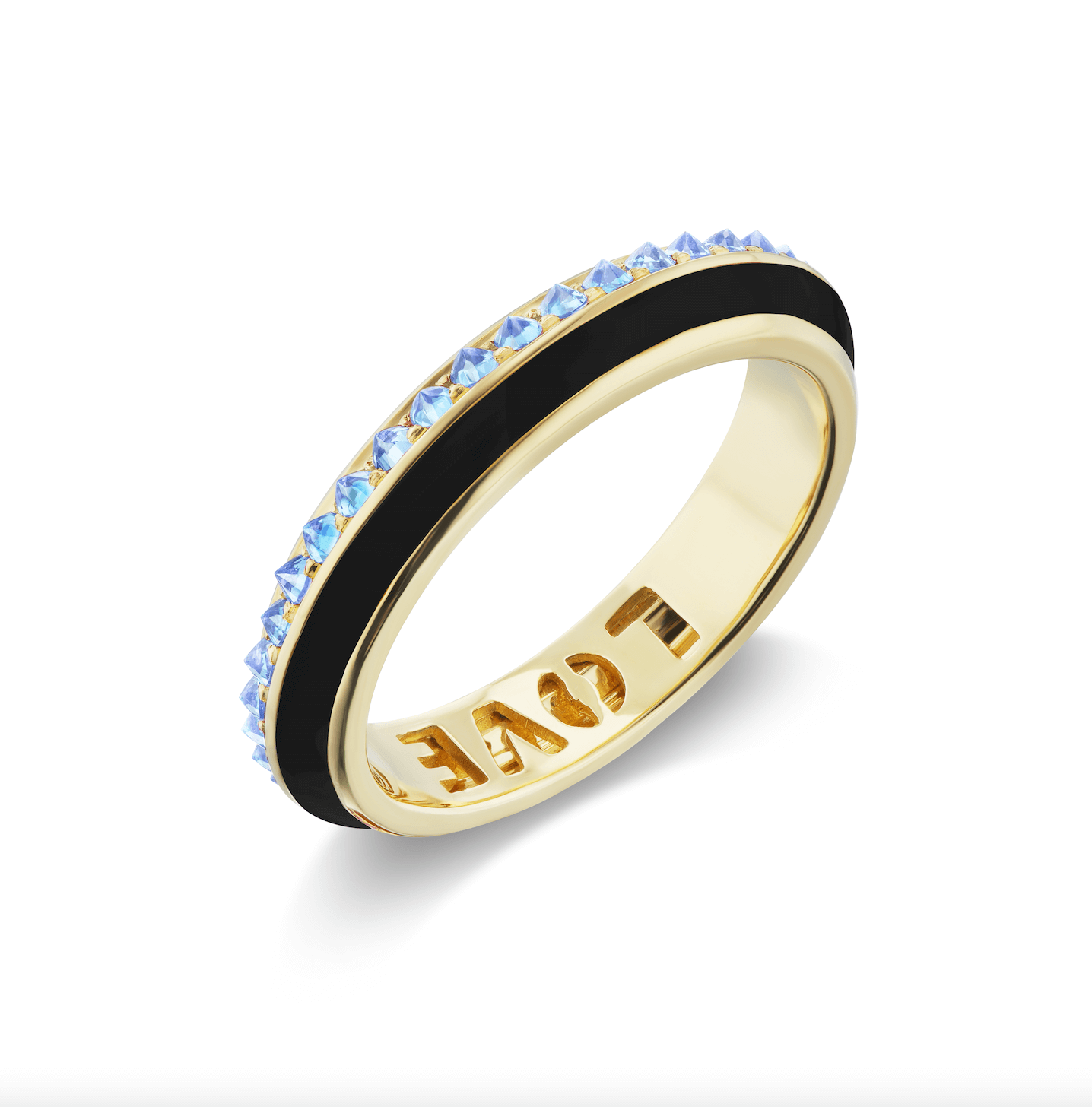 The black enamel side view of AnaKatarina's 'Sweet, Happy Life' Blue Topaz Stacking Ring. This elegant ring features a combination of 18k yellow gold and black enamel, complemented by sparkling .48tw Blue Topaz stones, and engraved with the word "Love."