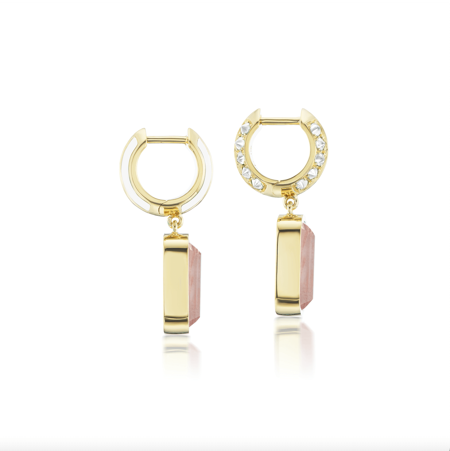 A side view of the elegant 'Sweet, Happy Life' Diamond & Mother of Pearl Drop Earrings with a Mother of Pearl drop, 18k gold spikes, inverted diamonds, and white enamel. Designed by Ana-Katarina Fine Jewelry.