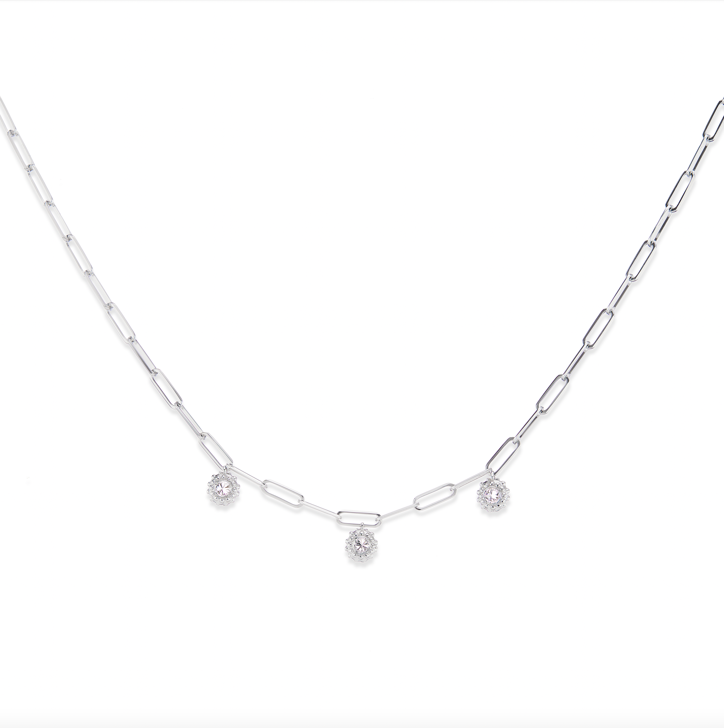 Three 18k white gold charms with inverted diamonds on an 18k white gold paper clip chain - all designed by Ana-Katarina Fine Jewelry.