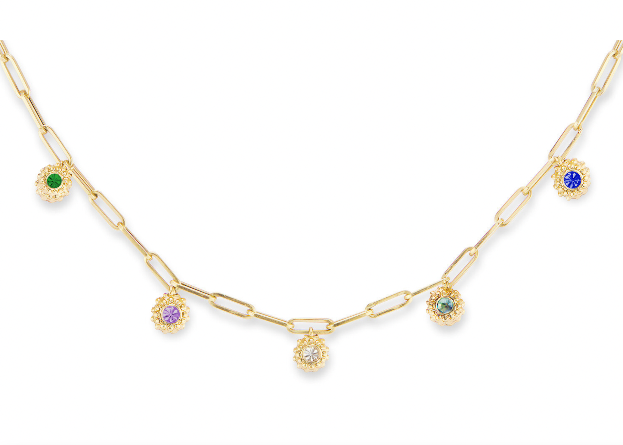 Five birthstone charms on a ‘Build-Your-Tribe’ Necklace designed in 18k yellow gold on an 18” adjustable paperclip chain by Ana-Katarina Fine Jewelry.