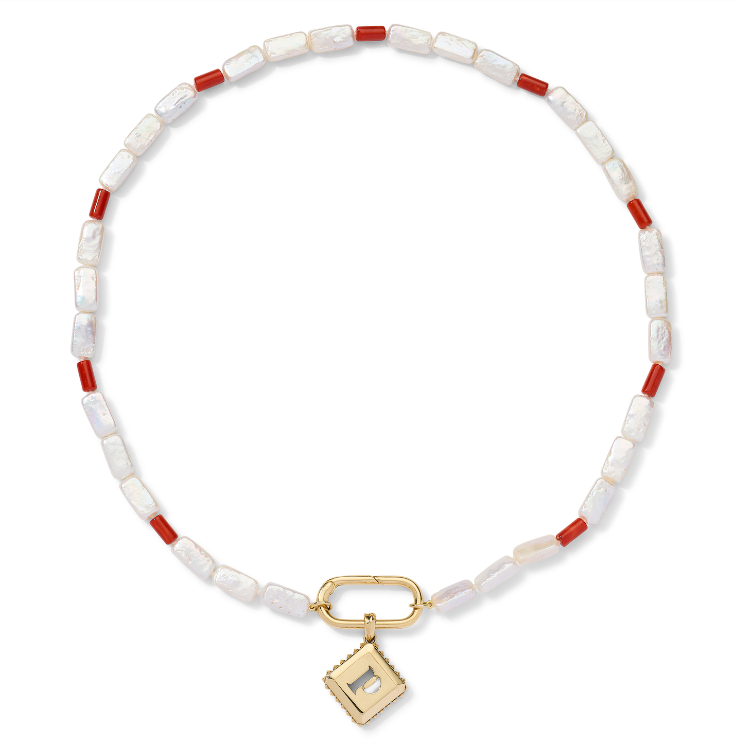 Coral Seas Pearl Necklace with rectangular freshwater pearls, vintage coral tube spacers, and signature rectangular charm holder by AnaKatarina.