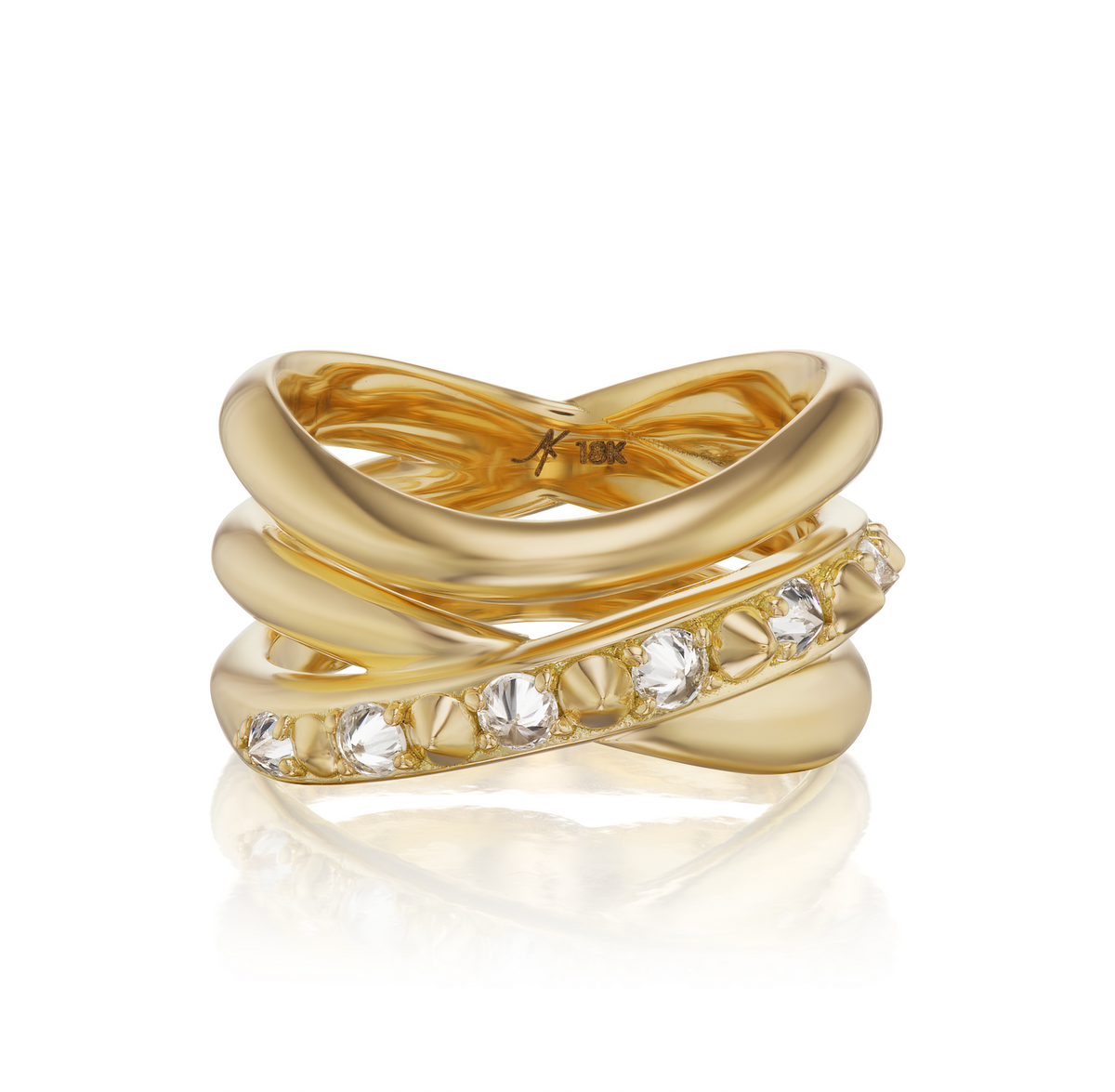Front view of AnaKatarina’s Amy’s Attitude Ring in 18K yellow gold with inverted diamonds, gold spikes, and sculptural open bands.