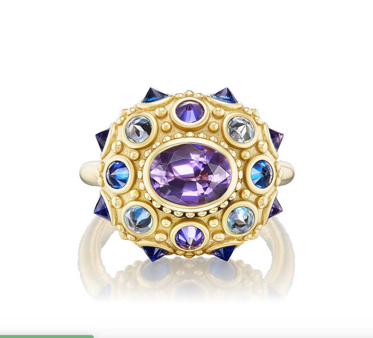 Purple Haze Funny Valentine Ring in 18k yellow gold with a rare 1.75ct purple sapphire, inverted purple and blue sapphires, and aquamarines inspired by the sea urchin.