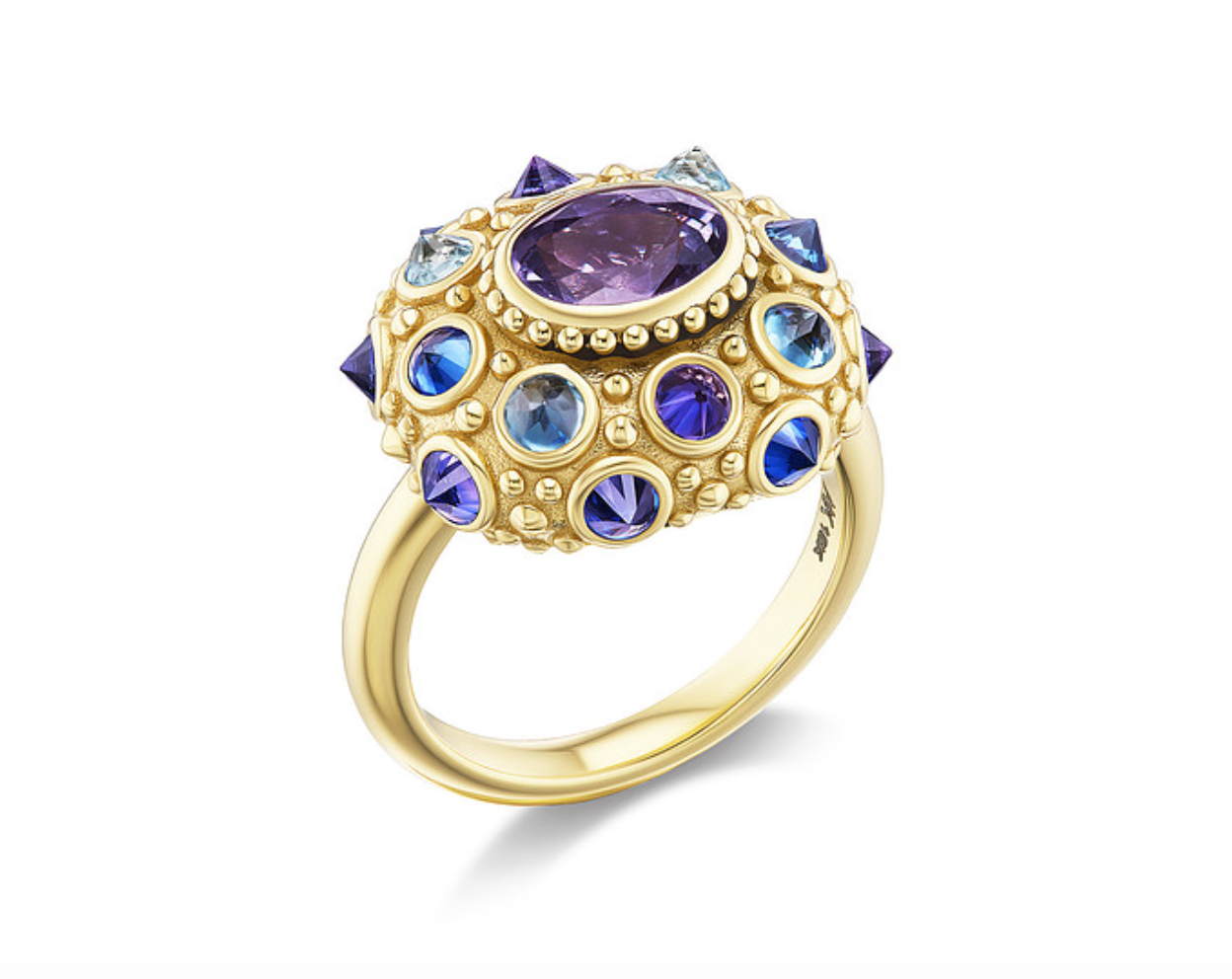 Purple Haze Funny Valentine Ring in 18k yellow gold with a rare 1.75ct purple sapphire, inverted purple and blue sapphires, and aquamarines inspired by the sea urchin.
