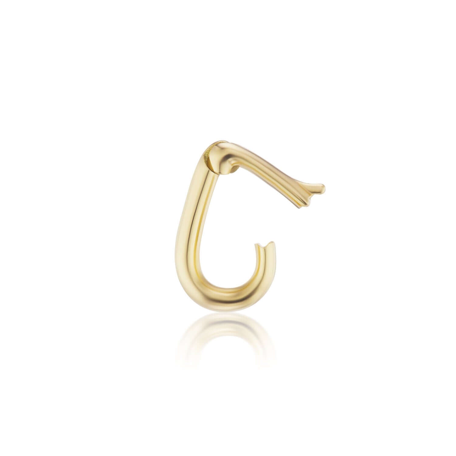An open, 18k yellow gold, carabiner-style charm holder. This adorable clip open ‘carabiner-style’ to accommodate additional gold charms and gold pendants to create a gold necklace out of any gold chain. Designed by Ana-Katarina Fine Jewelry.