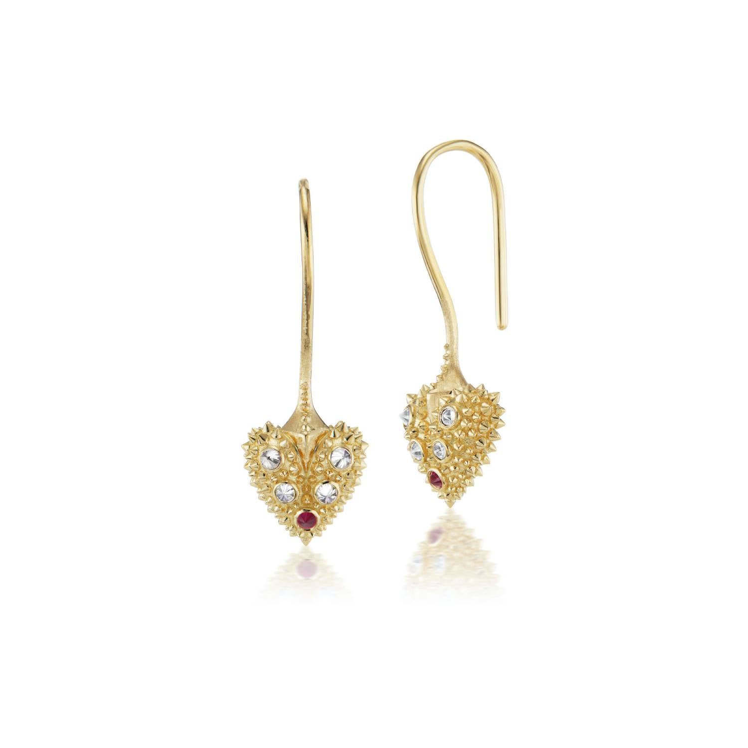 A front & side view of 18k yellow gold, inverted diamond & ruby heart drop heart earrings with soft gold spikes - designed by Ana-Katarina fine jewelry.
