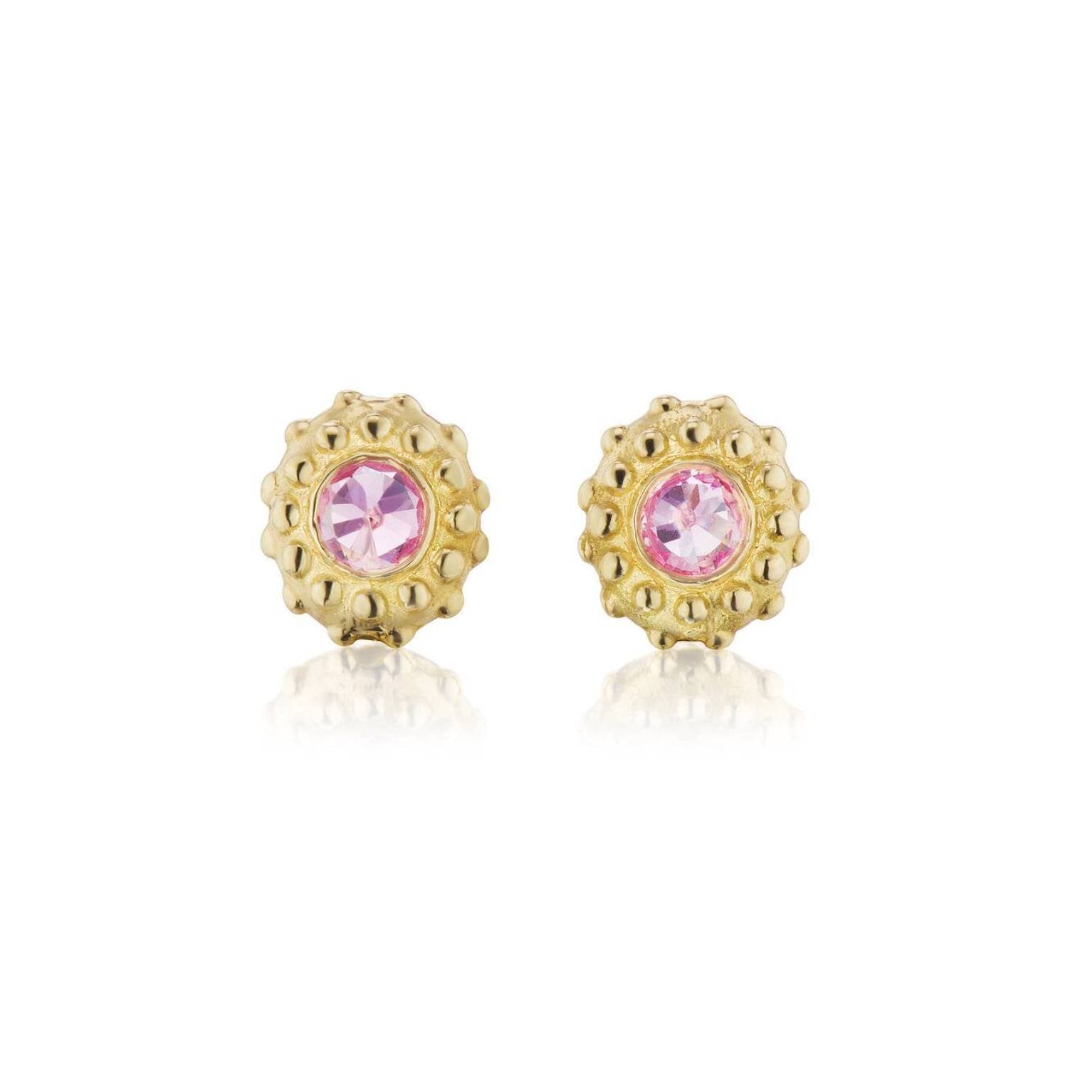 A set of 18k yellow gold and inverted pink sapphire stud earrings with soft gold beading in the setting designed after the delicate design of a sea urchin by Ana-Katarina Fine Jewelry.