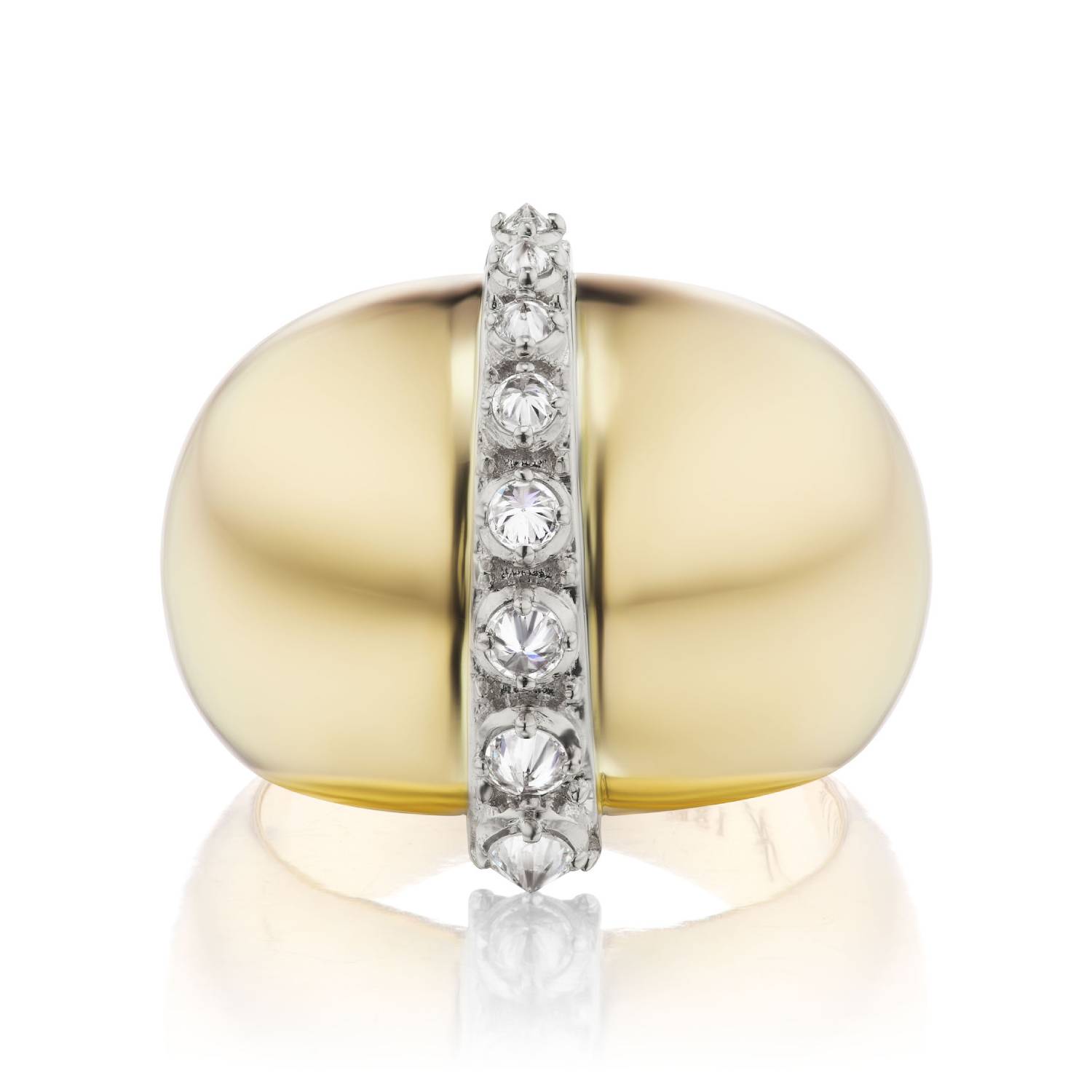 A full front view of Ana-Katarina's signature power gold ring in 18k yellow gold with a strong line of .77ct inverted diamond spikes, embodying feminine power, confidence, and elegance.