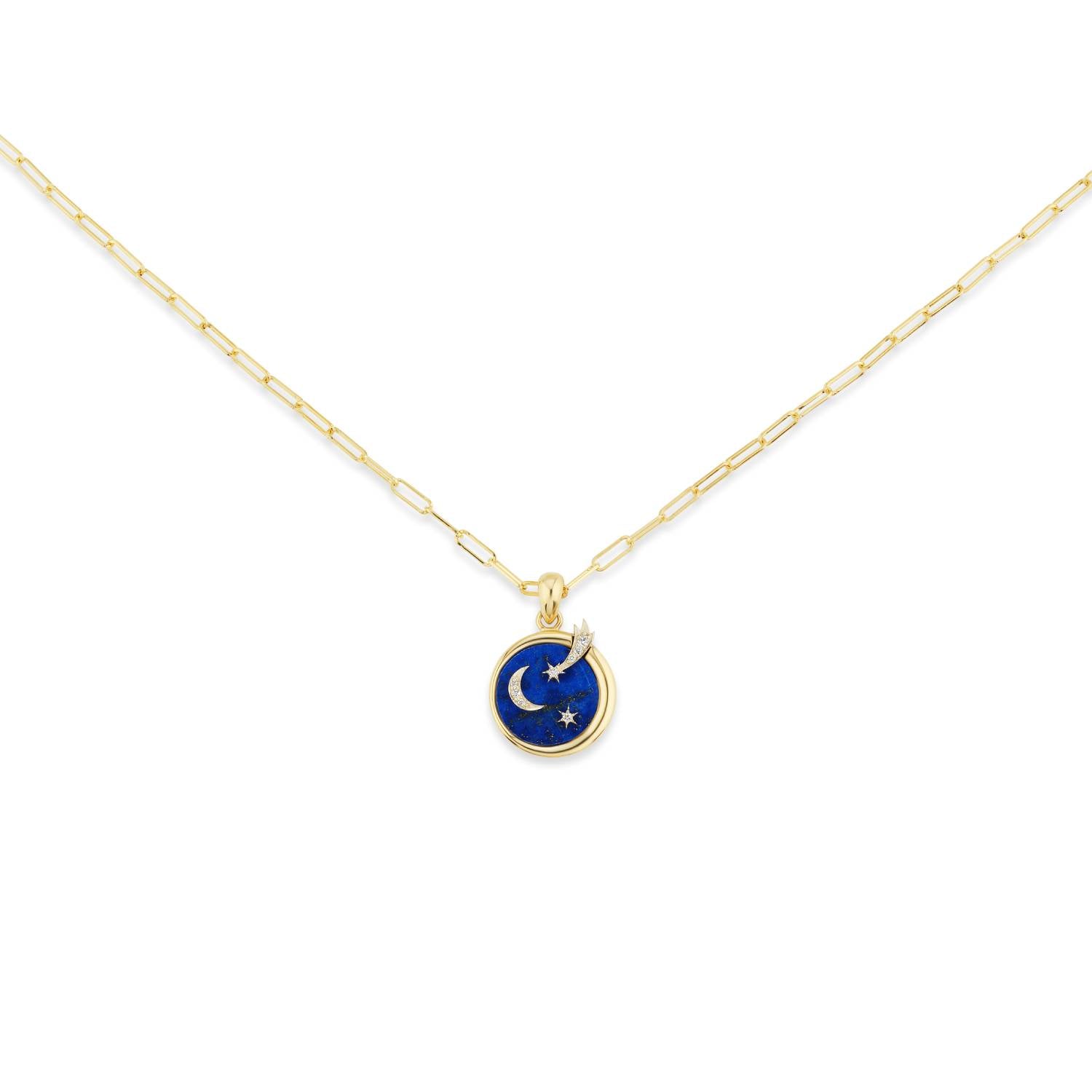Ana-Katarina's 4 Elements Air Pendant: 18k Yellow Gold, Chilean Lapis, .049ct Diamonds on an 18" 18k gold Baby Rectangle Chain.