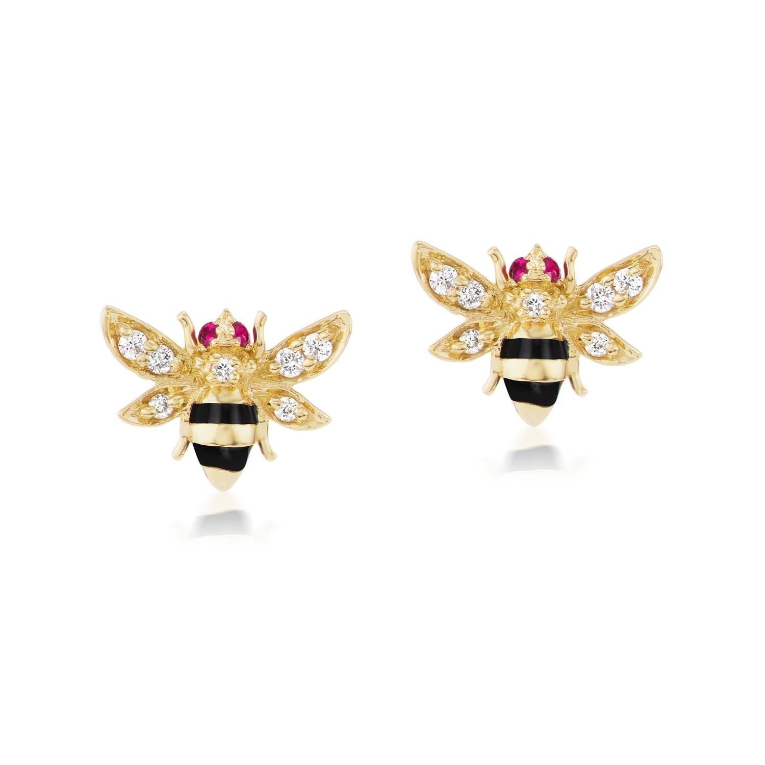 18k yellow gold Bumble Bee stud earrings with ruby eyes, diamond wings, and black enamel stripes.