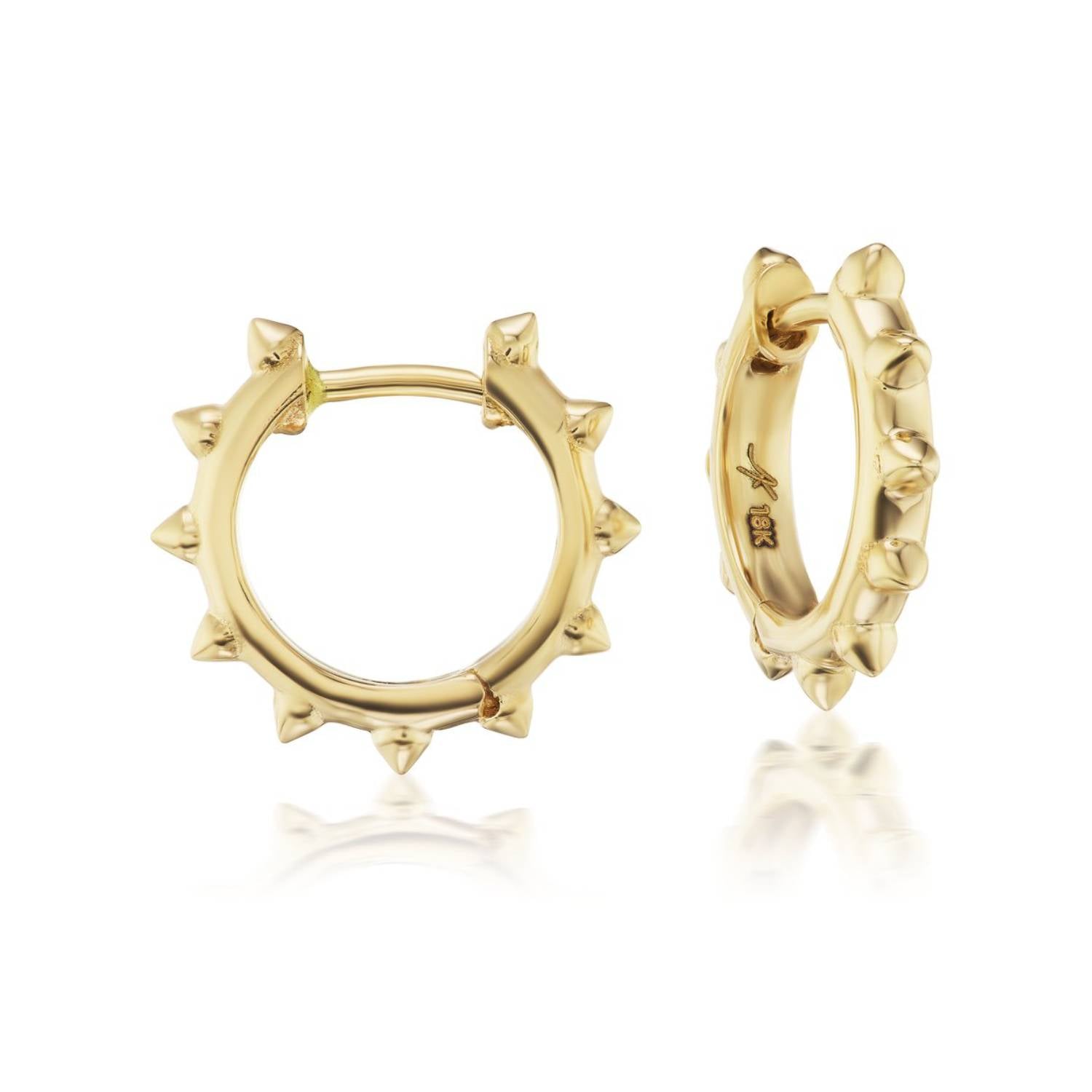 A front and side view of the stunning 18k yellow gold 'Adrina Loves a Hoop' mini gold hoop earrings from the AnaKatarina 'Attitude' Collection. The spikes add a touch of rebellion to the elegant 18k gold, perfect for the daring fashion-forward wearer. Designed by Ana-Katarina Fine Jewelry.