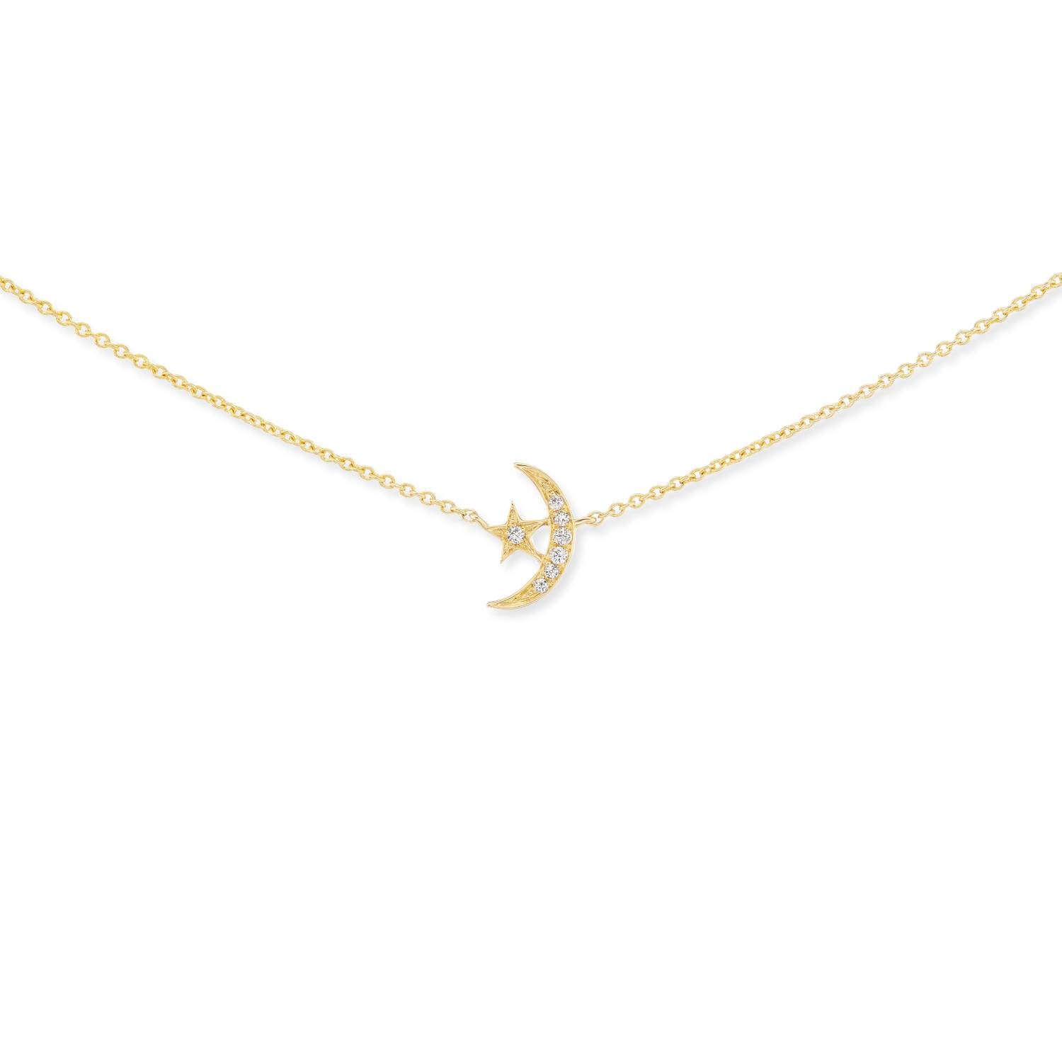 AK's 4 Elements Star and Moon Charm Necklace in 18 karat yellow gold with .03ct diamonds on a 16" gold adjustable chain.