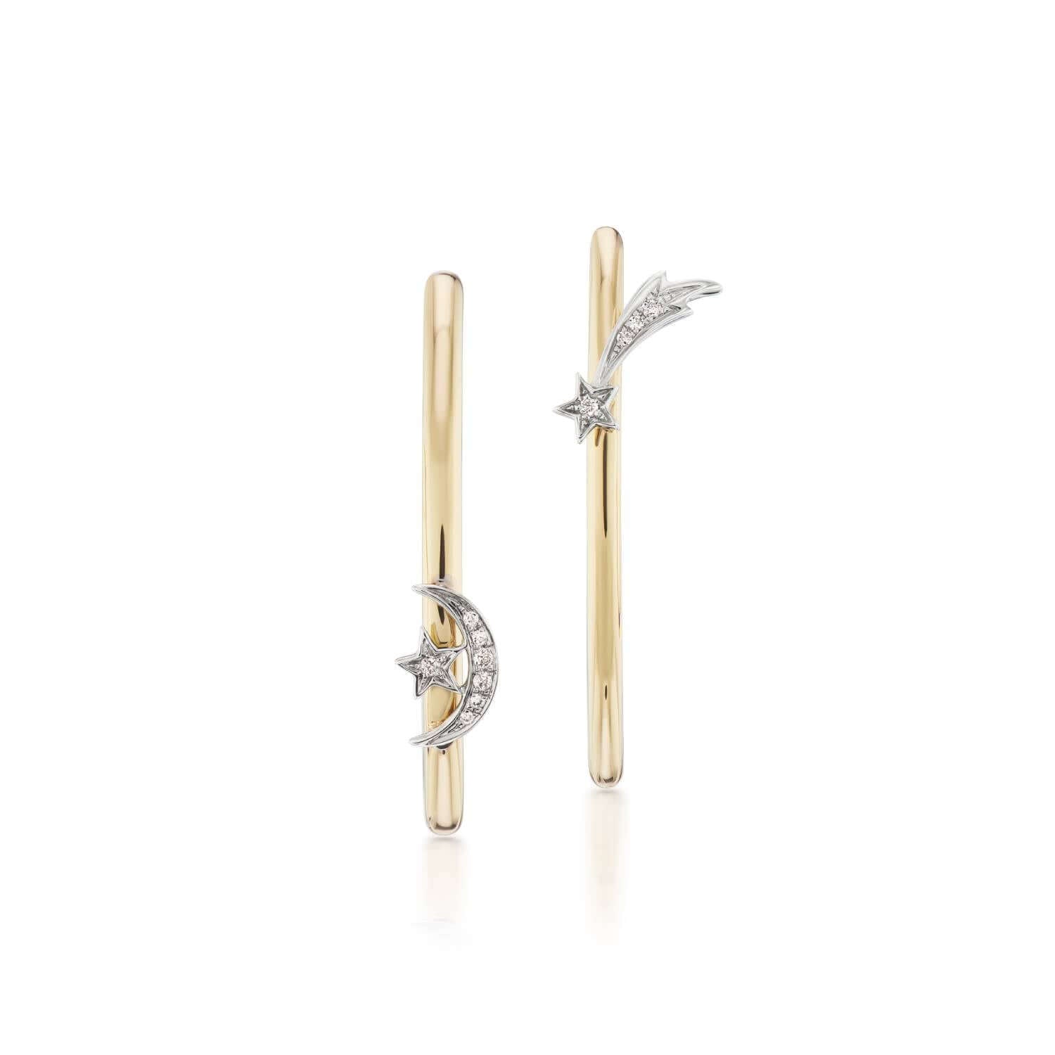 Front view of Ana-Katarina's 4 Elements Air Hoops: gold and diamond earrings with a star and moon, symbolizing the element of air and the cosmos. One hoop has a quarter moon & star, while the other has a shooting star design with a small diamond.