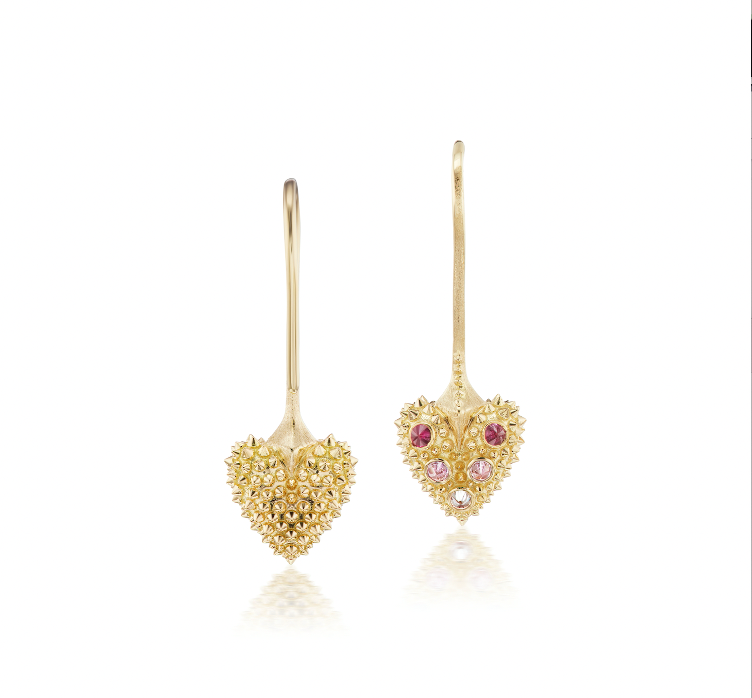 A front and back view of a pair of 18k yellow gold drop earrings in the shape of a heart with soft spikes & inverted pink sapphires in darker to lighter shades to give an ombre look - designed by Ana-Katarina Fine Jewelry.