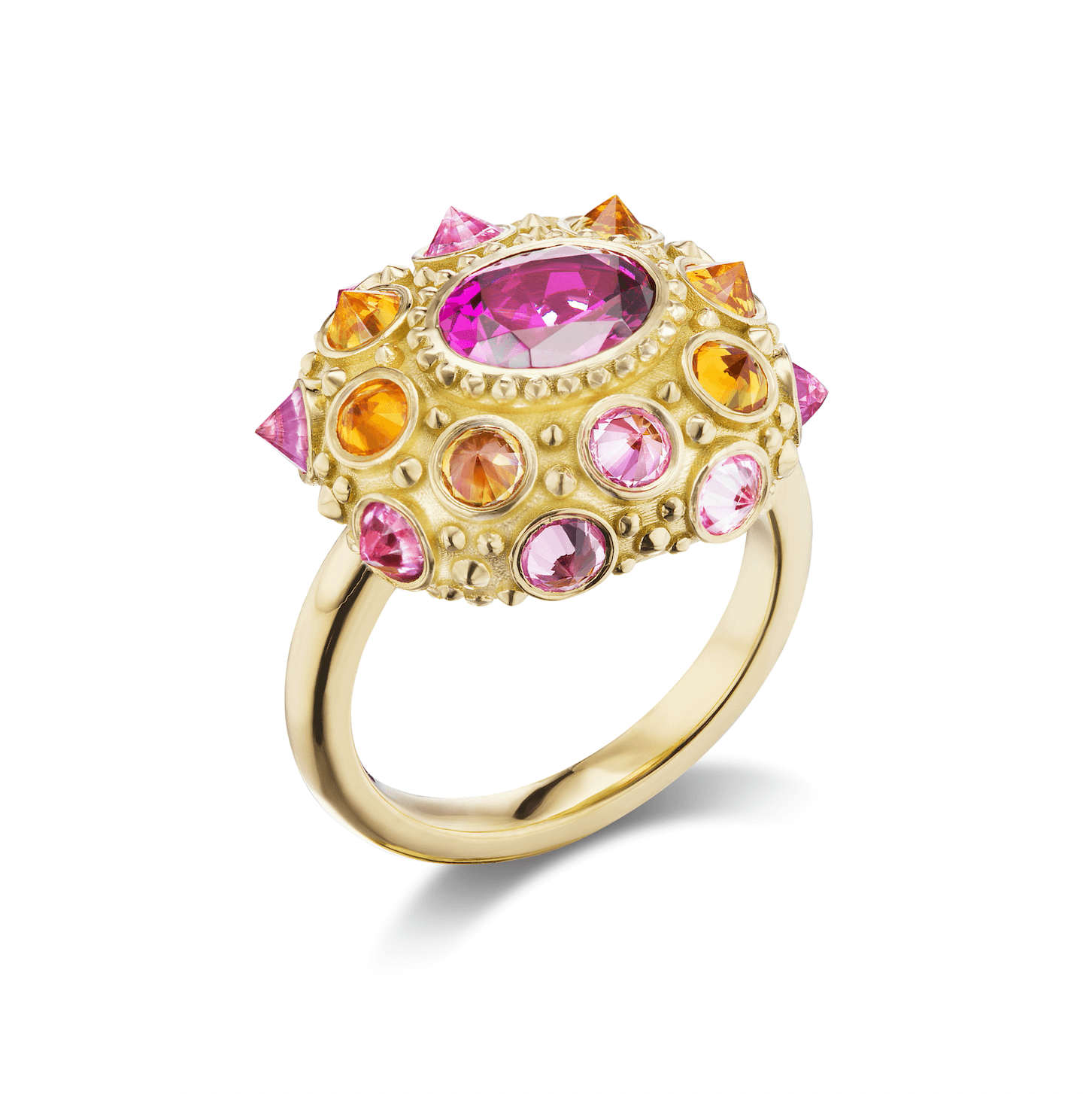 A side view of an exquisite 18K yellow gold and precious gemstone ring designed by AnaKatarina Fine Jewelry. Adorned with inverted Rhodalite Garnets, Pink Sapphires, and Orange Sapphires this playfully stunning ring features a large, captivating diamond-cut pink sapphire in the center as its focal point.