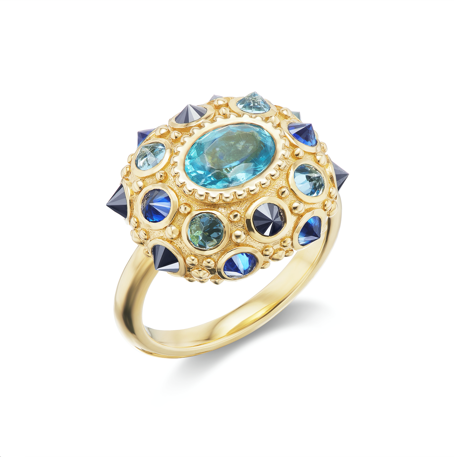 A side view of this stunning ring crafted in 18k yellow gold, adorned with 1.18ct Apatite, .44ct Aqua, .73ct Blue Sapphire, and .75ct Black Diamond, featuring an exquisite design inspired by the delicate sea urchin. Engraved with 'LOVE' underneath.