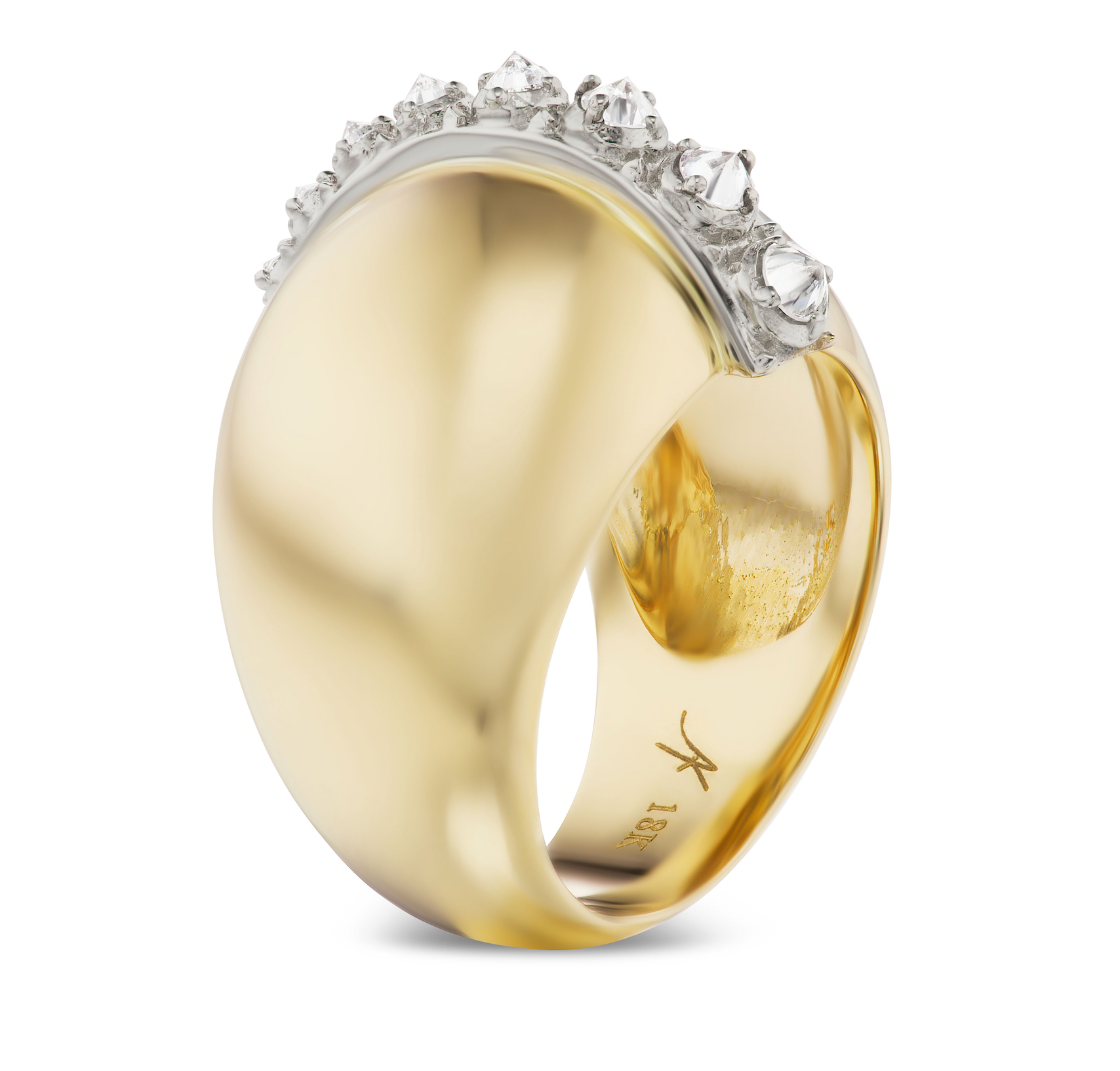 A side view of AnaKatarina's signature ring - the AK Attitude Ring. A symbol of power and sophistication, this 18k gold ring showcases a strong line of dazzling .77ct diamonds, reflecting the attitude and grace of women.