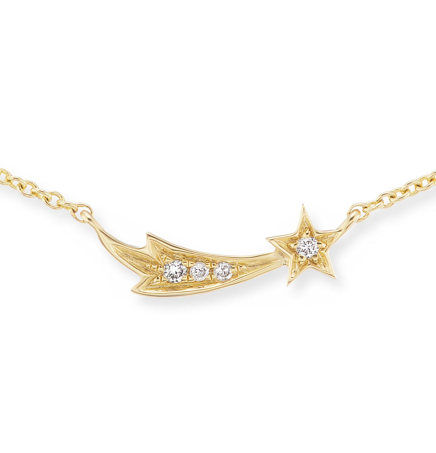 A closeup of an 18k Yellow Gold Shooting Star Necklace with .17ct Diamonds on an Elegant Gold Chain.