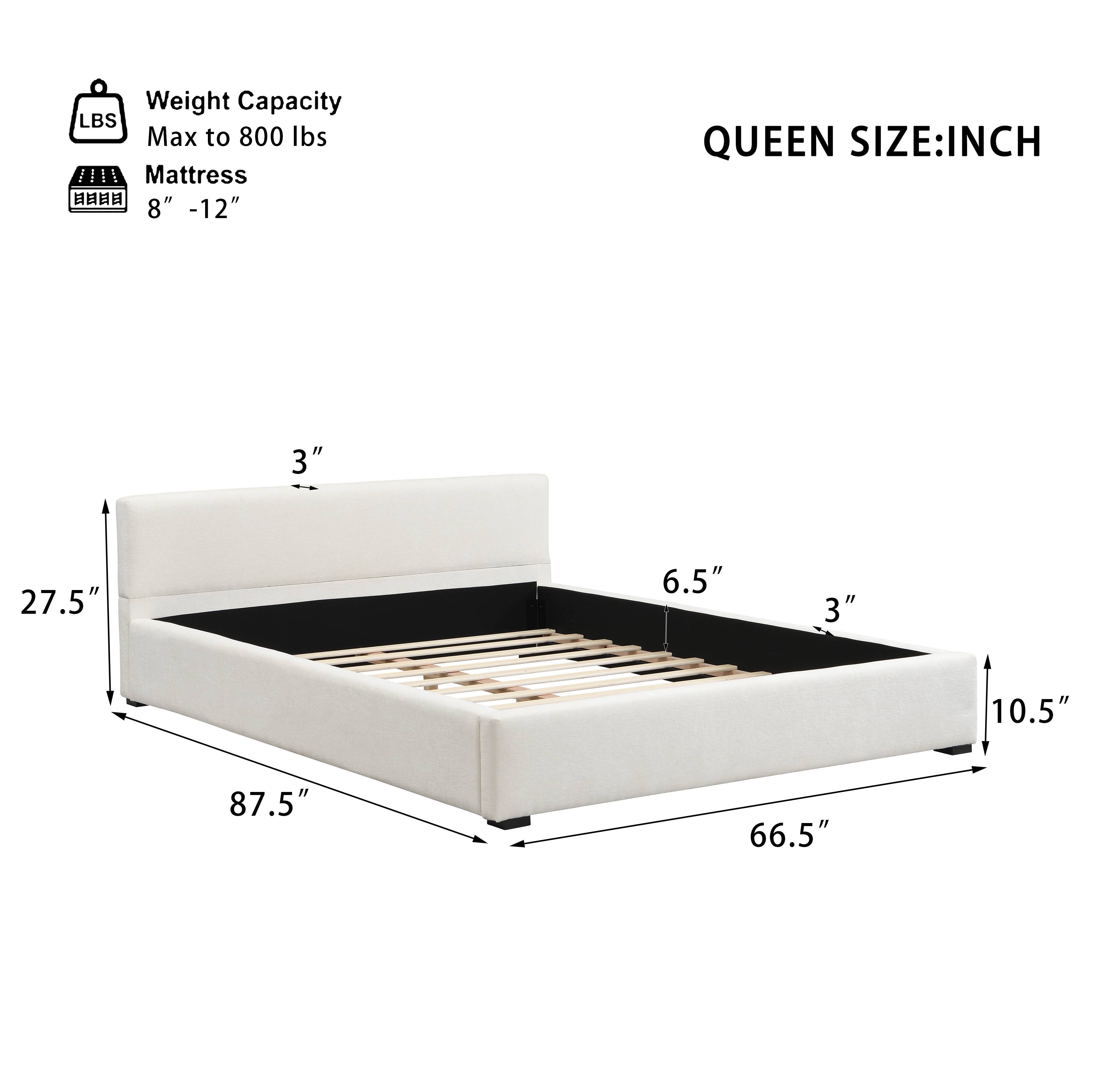 Queen Size Upholstered Bed Frame with Wide Edge, Beige: Beige