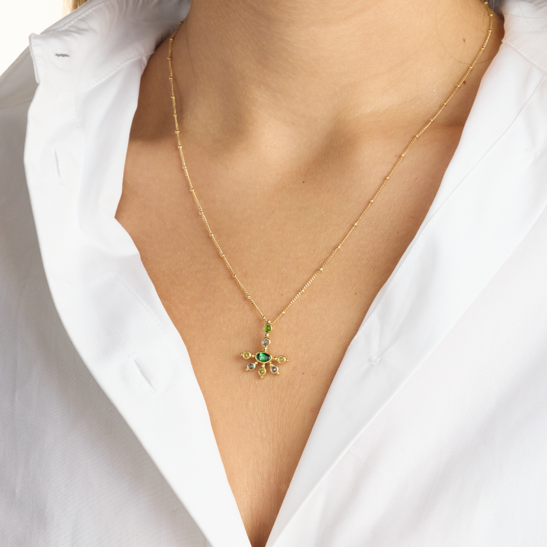 Model wearing AnaKatarina’s Getting Ready for Love Mini Funny Valentine pendant on a gold Saturn chain.