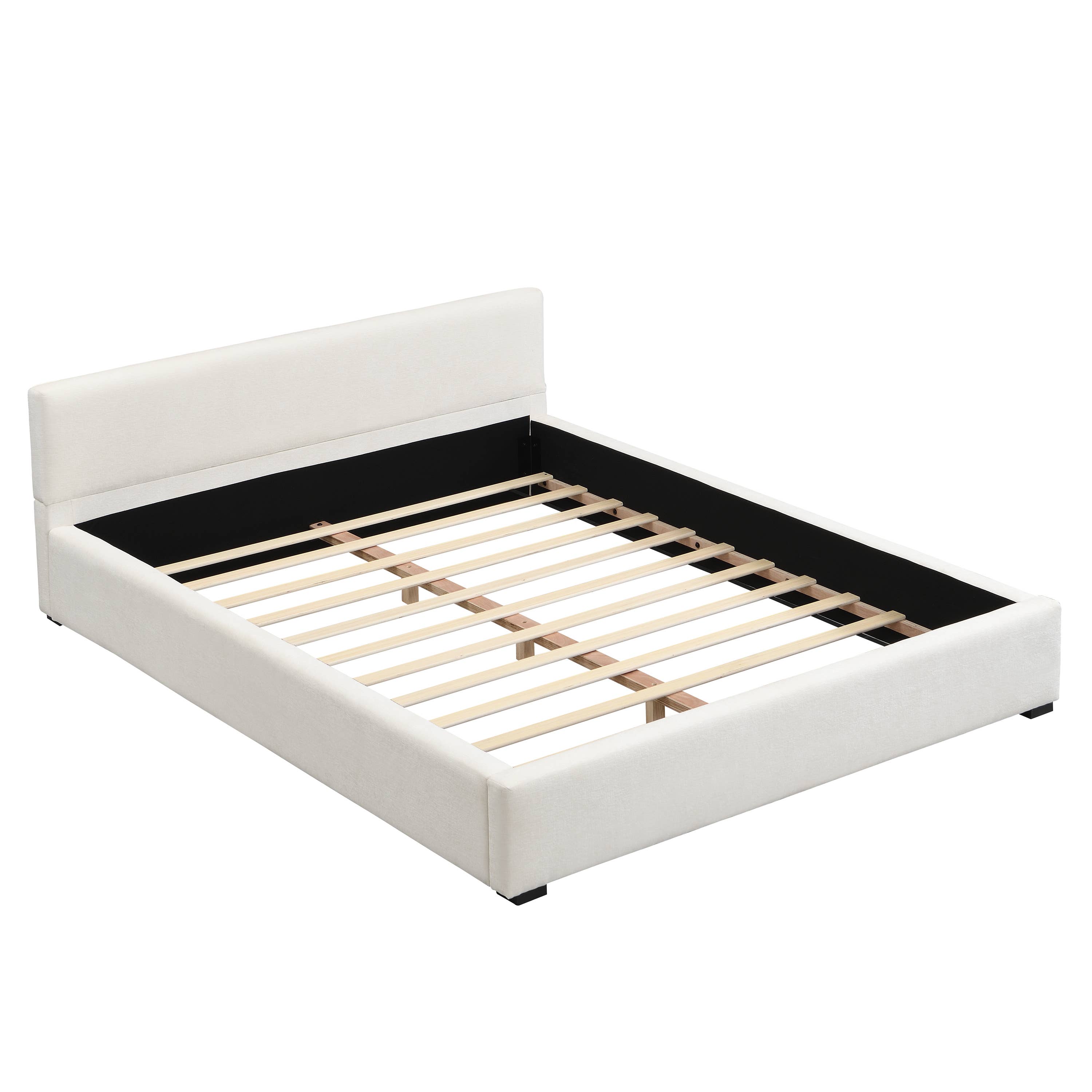Queen Size Upholstered Bed Frame with Wide Edge, Beige: Beige