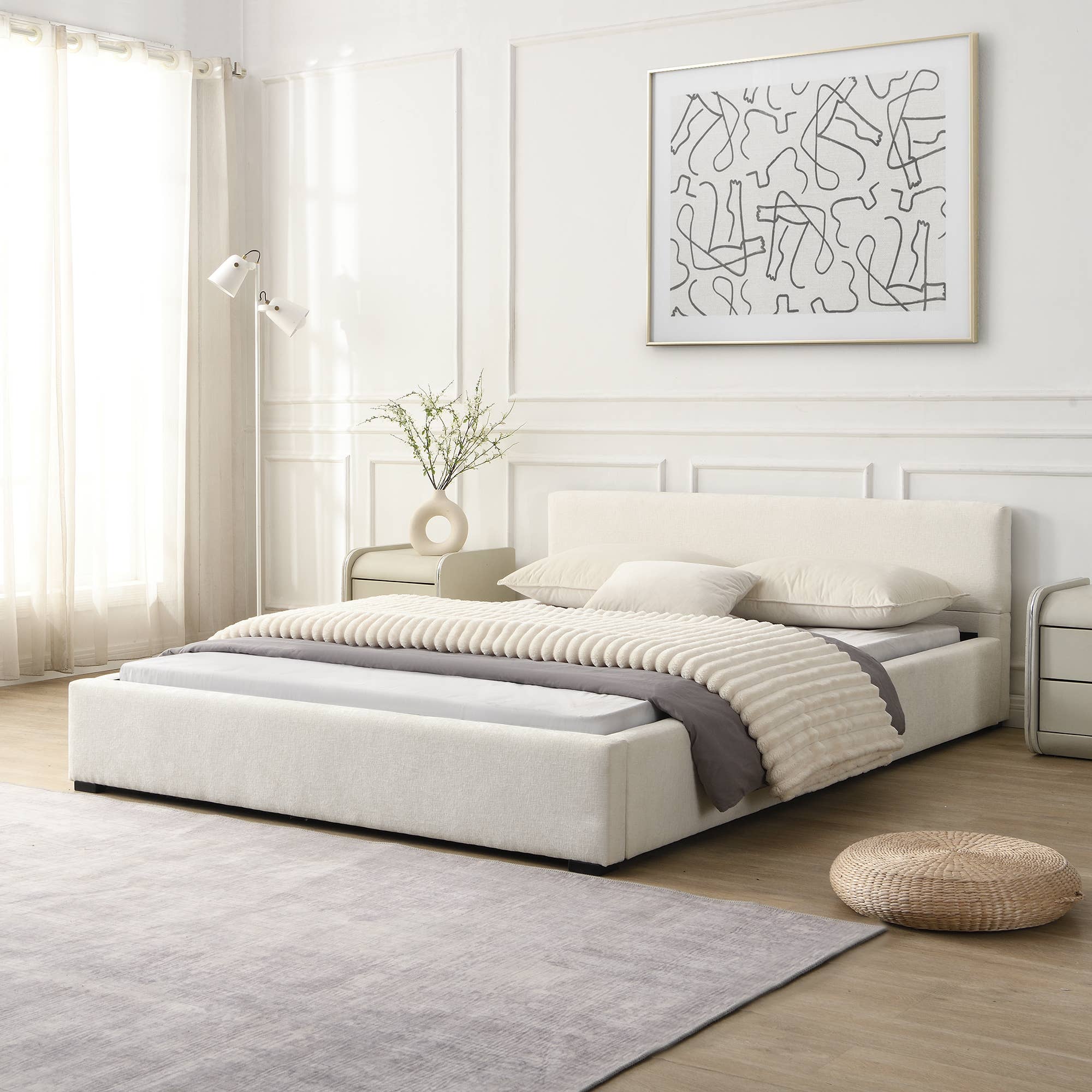 Queen Size Upholstered Bed Frame with Wide Edge, Beige: Beige