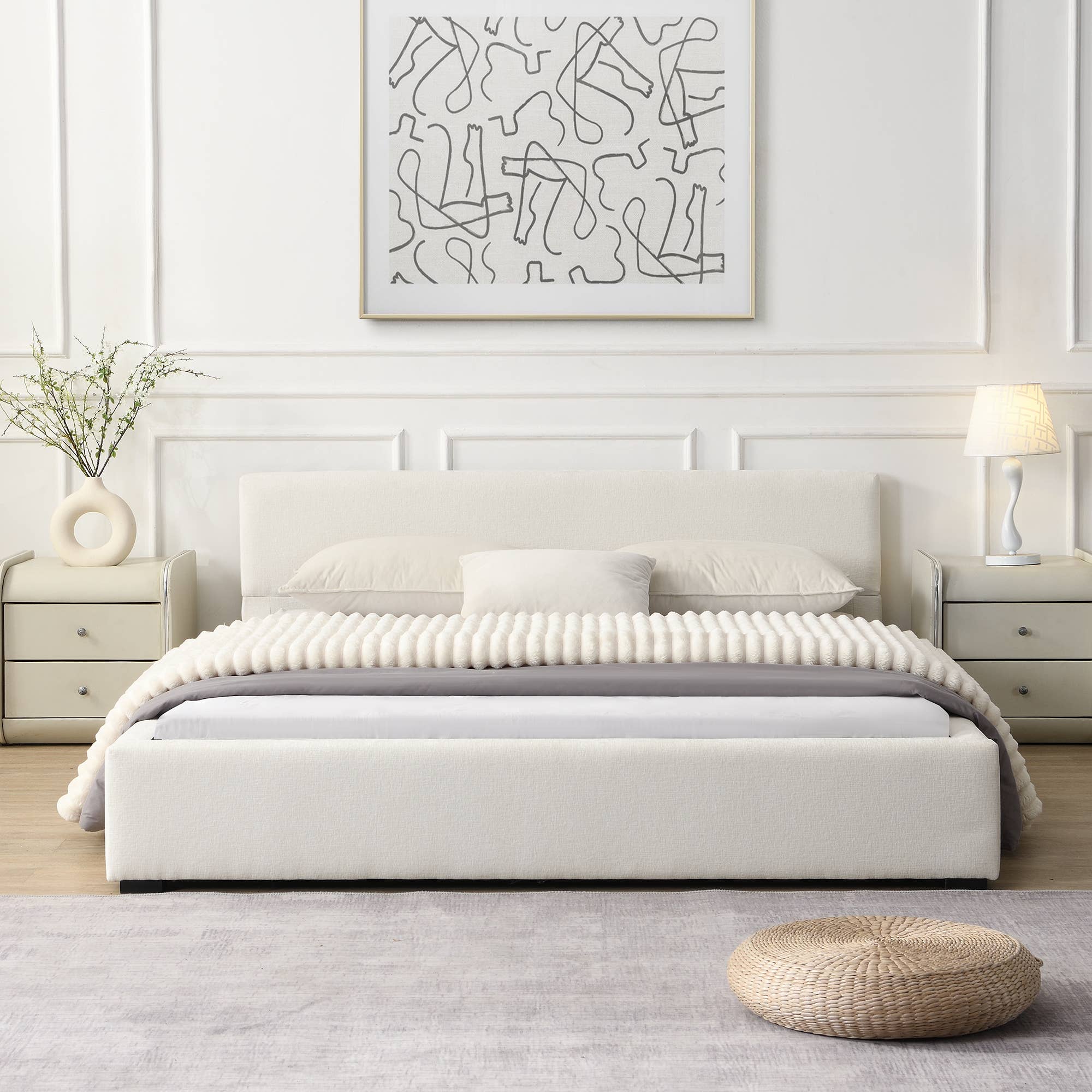 Queen Size Upholstered Bed Frame with Wide Edge, Beige: Beige