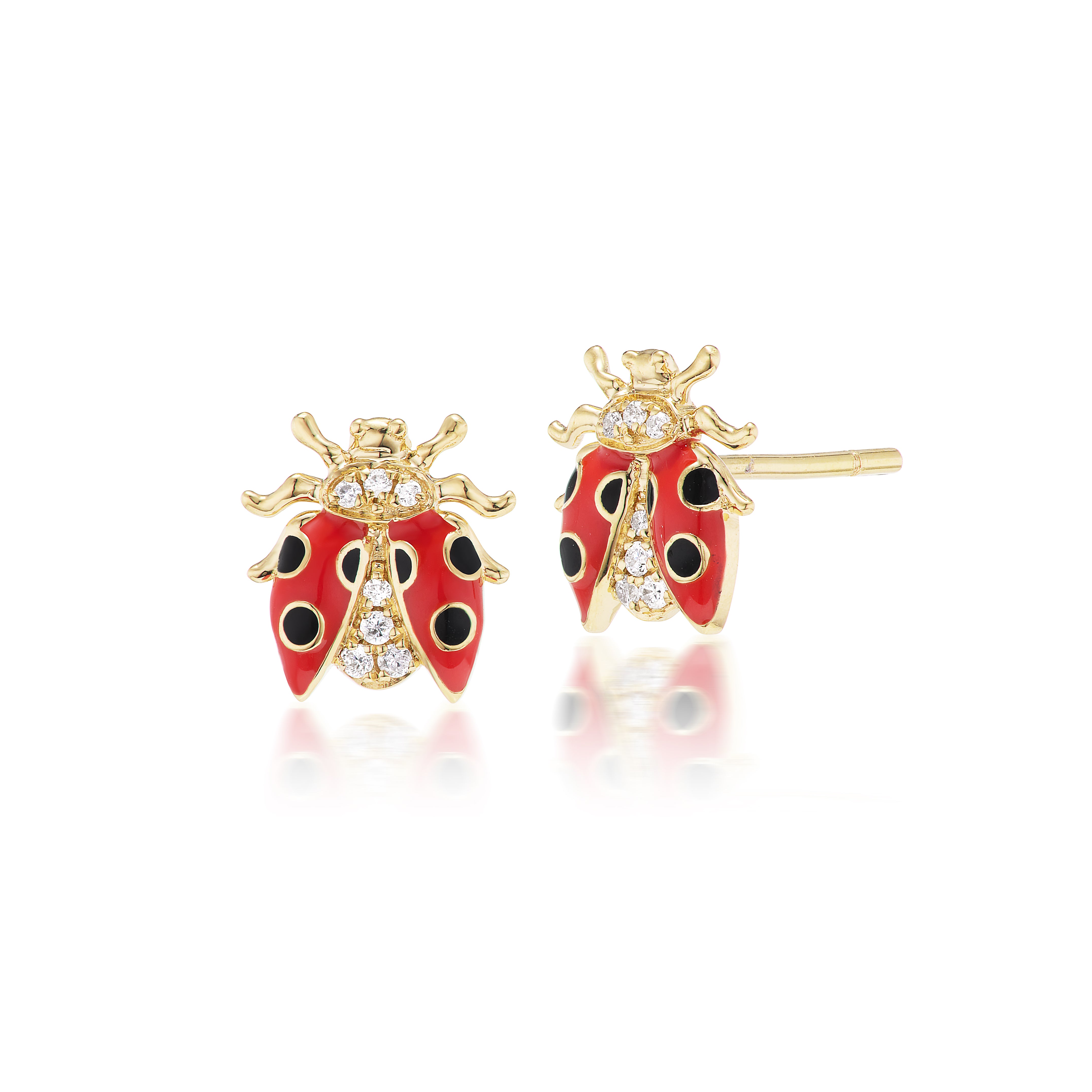 Ladybug Stud Earrings in 18k yellow gold, featuring .05tw diamonds, and red and black enamel wings.