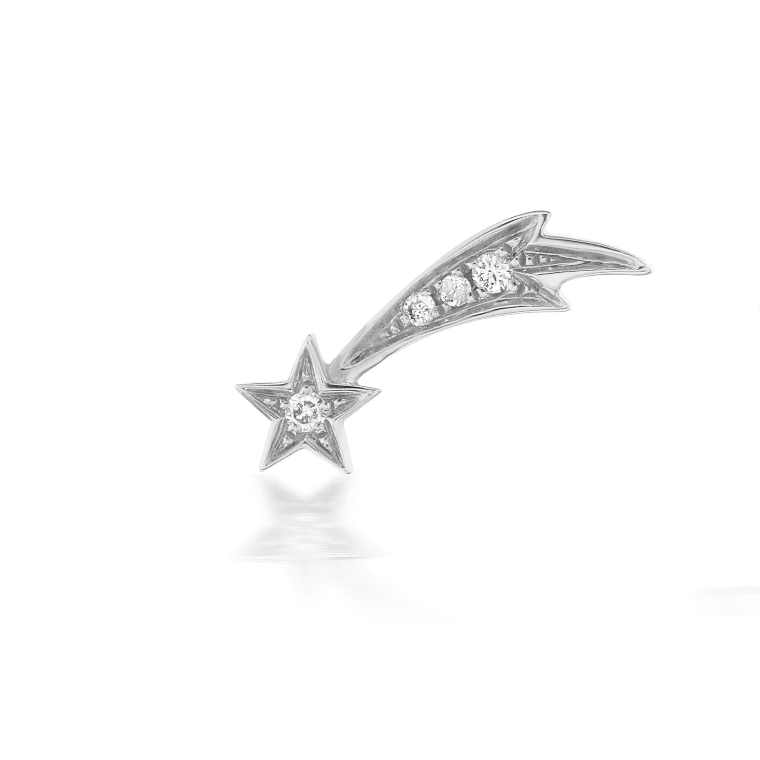 A close-up of Ana-Katarina’s 4 Elements: 'Air' Shooting Star Stud Earring Single in 18k white gold & diamonds against a white background.