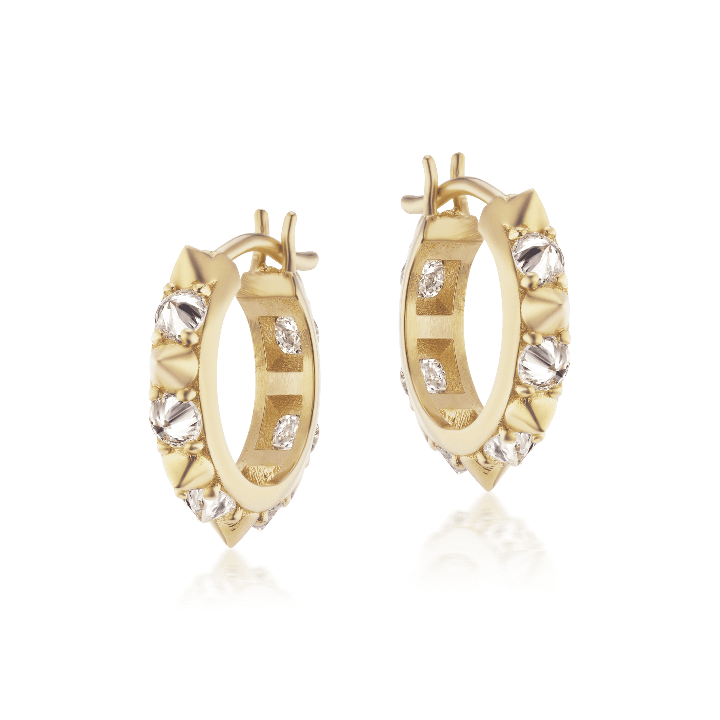 The front view of the ‘Valerie’ Diamond Mini Hoop Earrings by Ana-Katarina Fine Jewelry with inverted diamonds, 18k yellow gold spikes, & saddleback closure on a white background.  