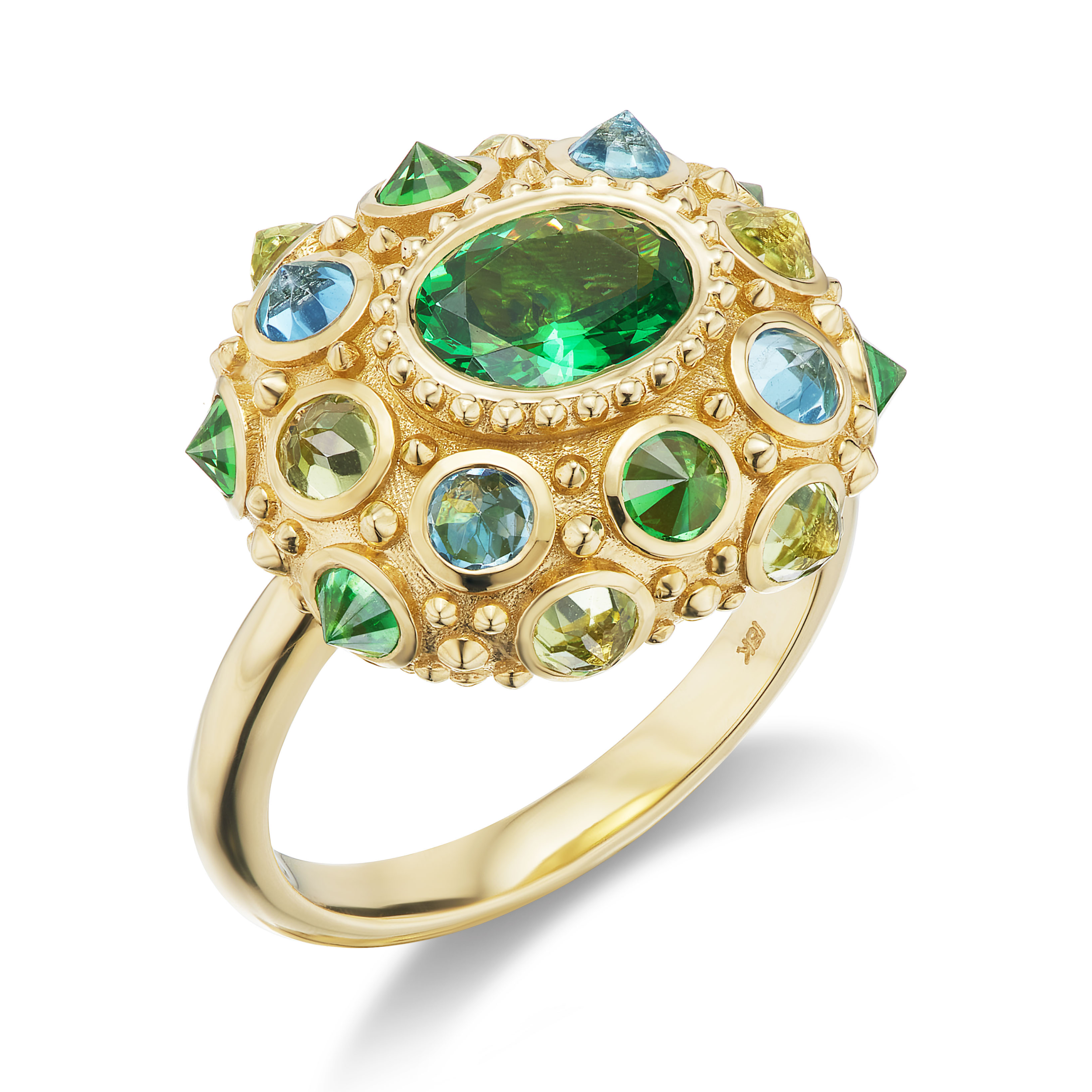 A view from the top right side of an 18K Yellow Gold ring designed by AnaKatarina featuring a vibrant arrangement of Tsavorite Garnets, Aquamarines & Peridot in the colors of blue & green creating a captivating & colorful display.