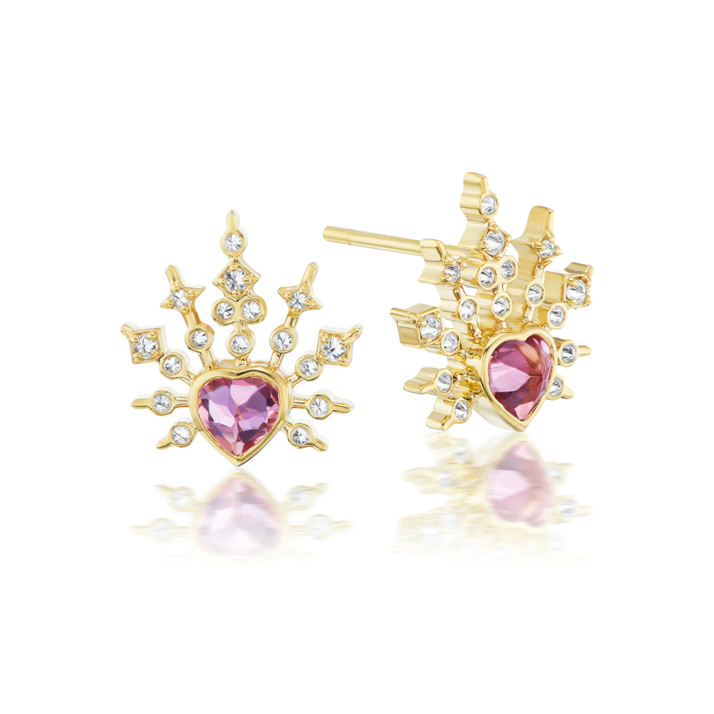 A front and side view of a pair of beautiful stud earrings in 18k yellow gold with a pink tourmaline heart at the bottom with a spray of gold and diamonds at the top.