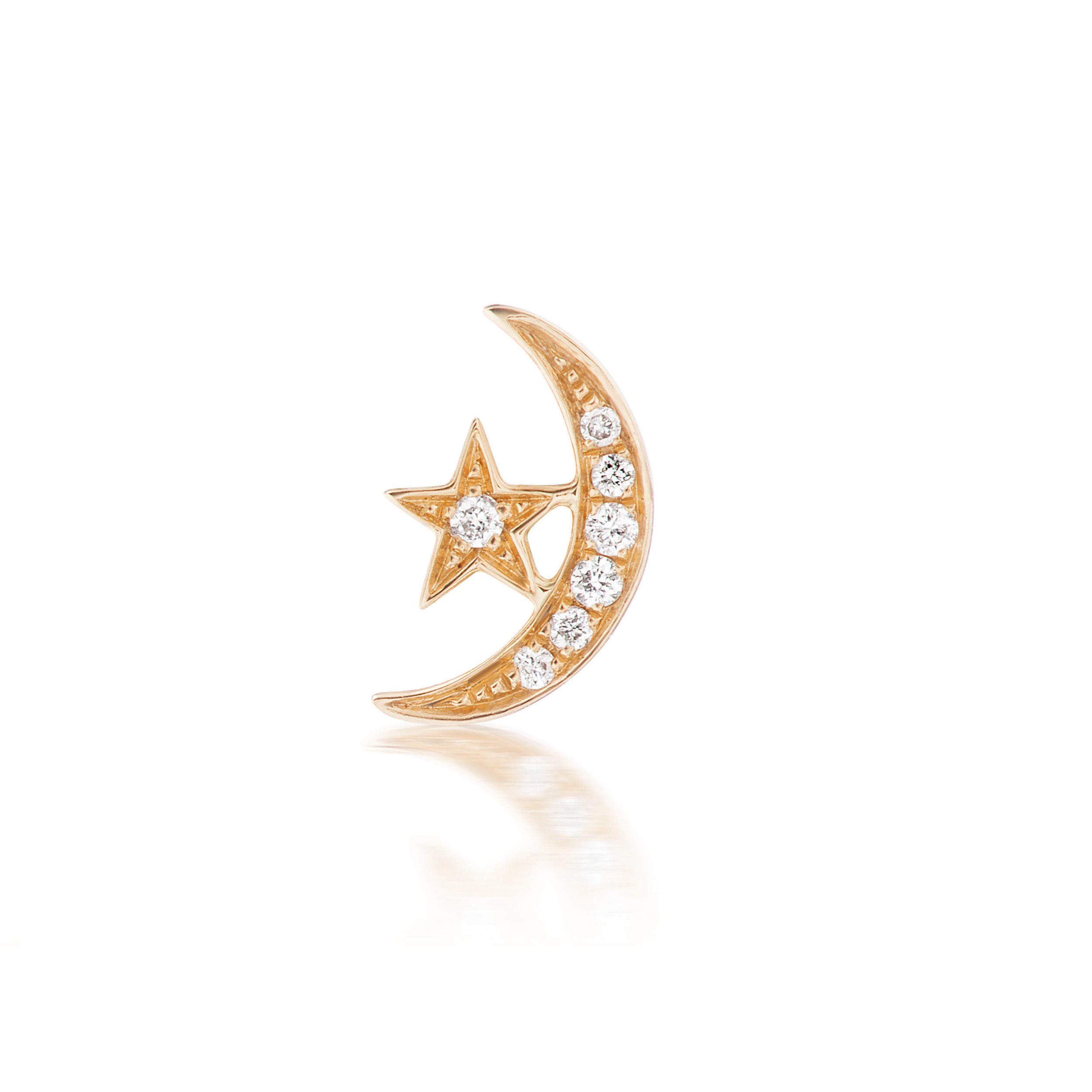 A close-up of Ana-Katarina’s 4 Elements: 'Air' Star & Moon Stud Earring in 18k rose gold & diamonds against a white background.  