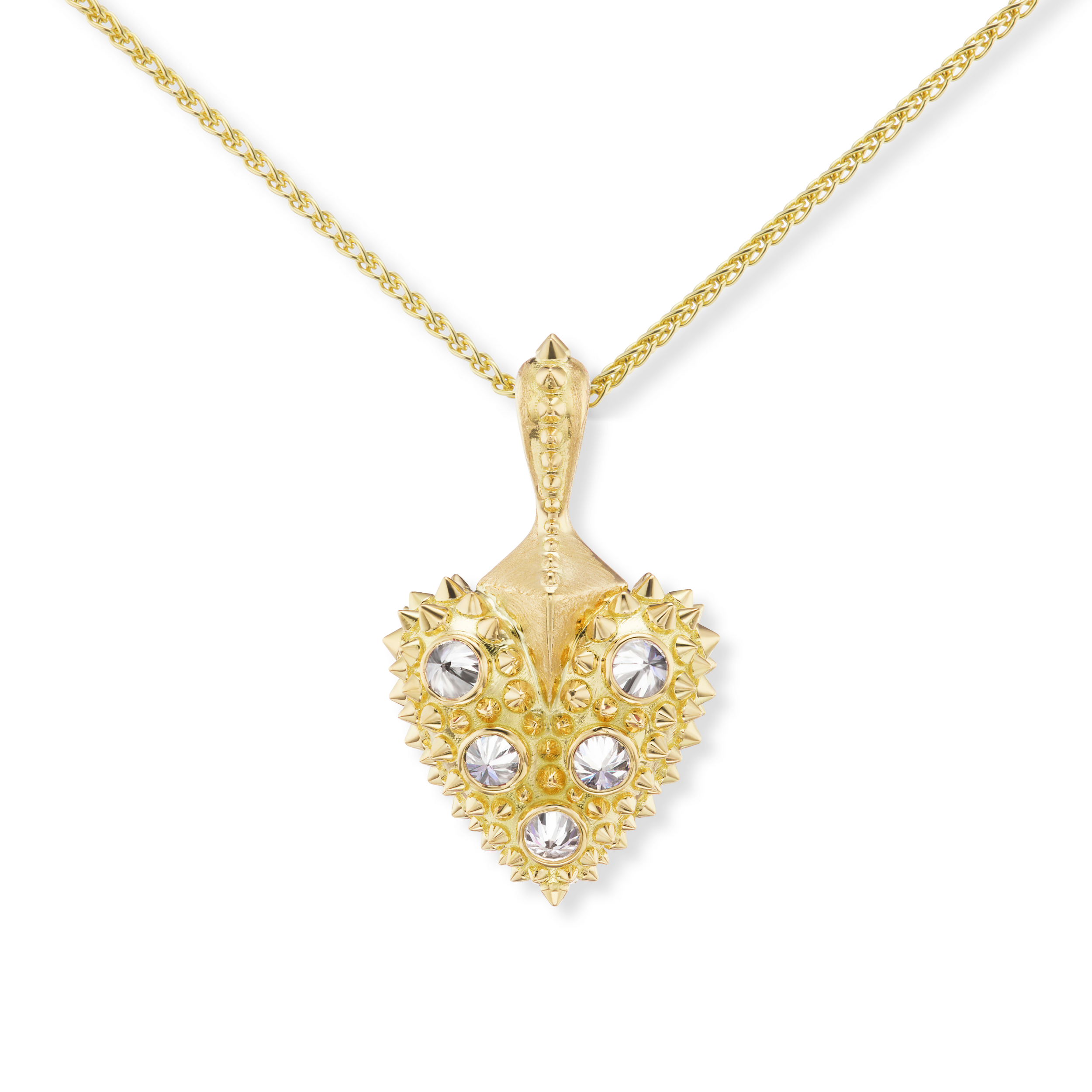 A closeup view of two 18k gold hearts with inverted diamonds & yellow gold spikes on 2mm yellow gold chains - designed by Ana-Katarina fine jewelry.
