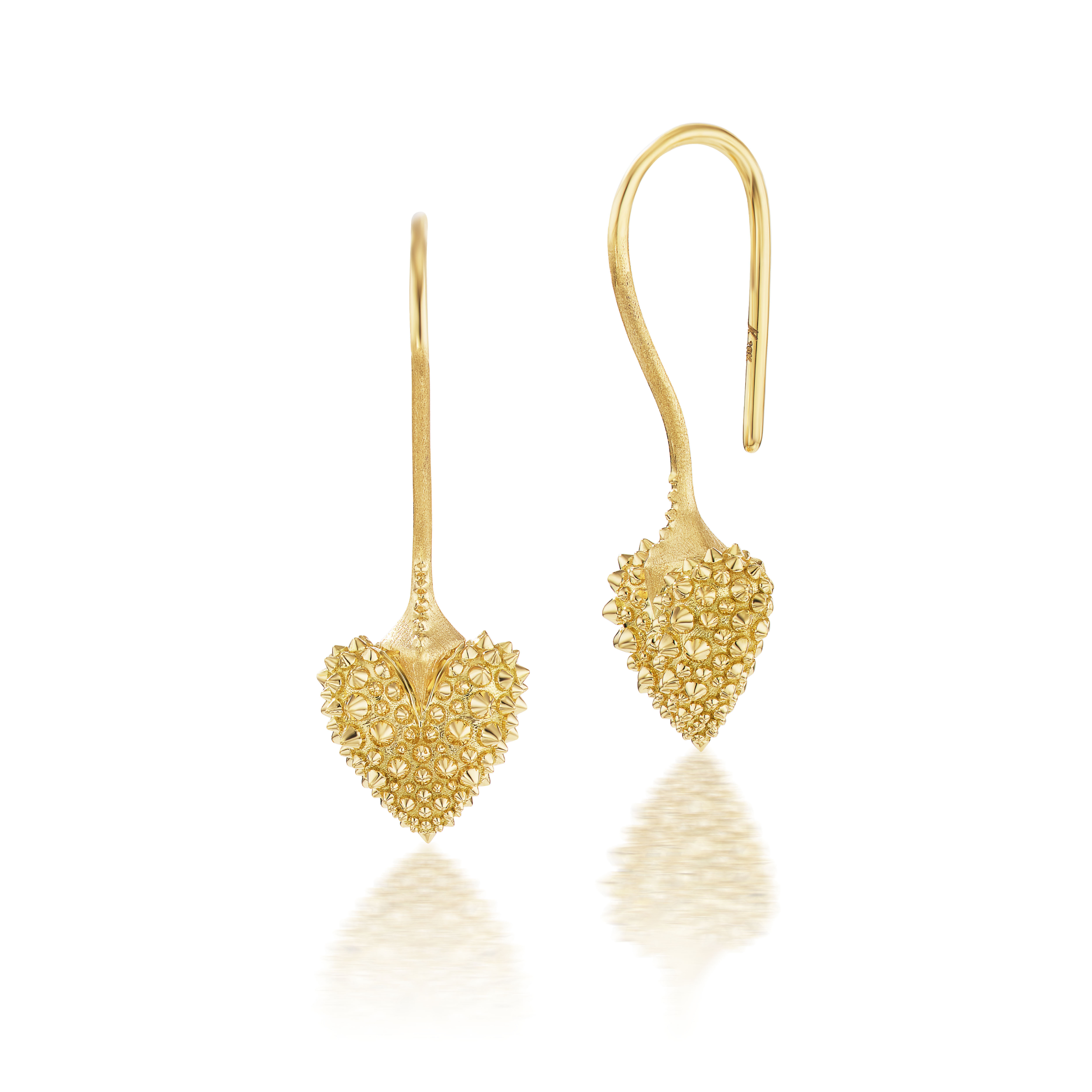 A front & side view of 18k Yellow gold drop heart earrings with soft spikes - designed by Ana-Katarina fine jewelry. 